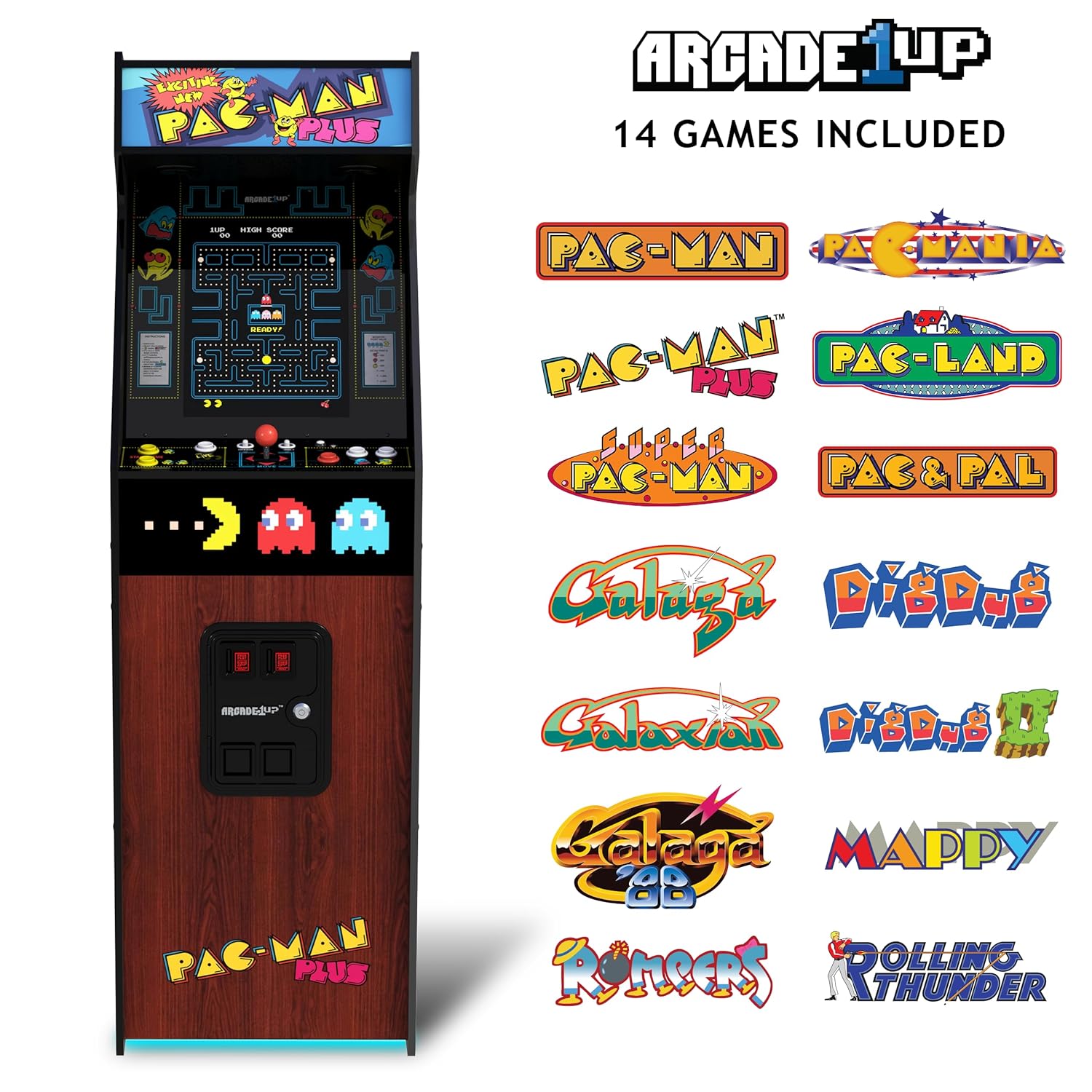 Arcade1Up PAC-Man Plus Deluxe Arcade Machine - 14 Classic Games, Retro Game Console for Home, 5’ Tall Cabinet with 17-Inch Screen, Stand Up Video Game for Game Room