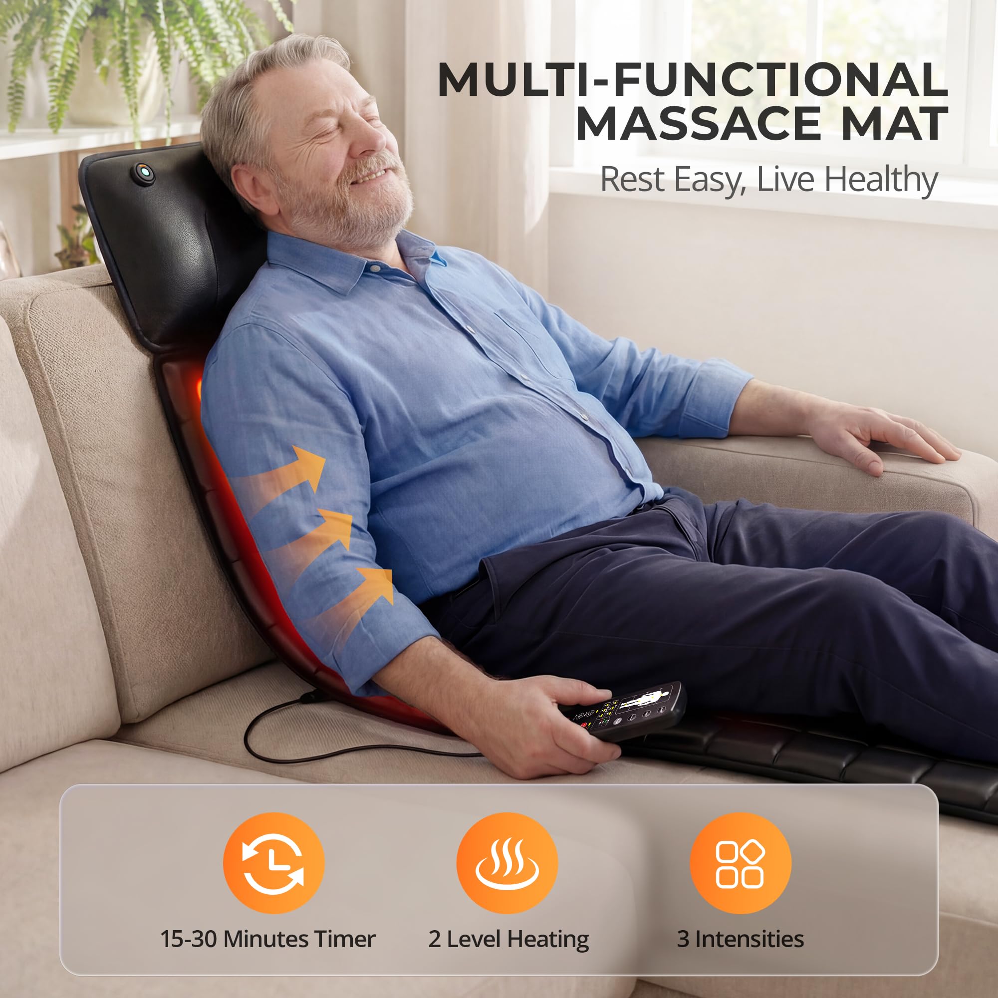 Shiatsu Full Body Massage Mat with Heat, Detachable Massager Pad, 10 Vibrating Motors, Deep Tissue Pain Relief for Back, Neck & Legs - Relaxation at Home or Office, Fathers Day Dad Gifts