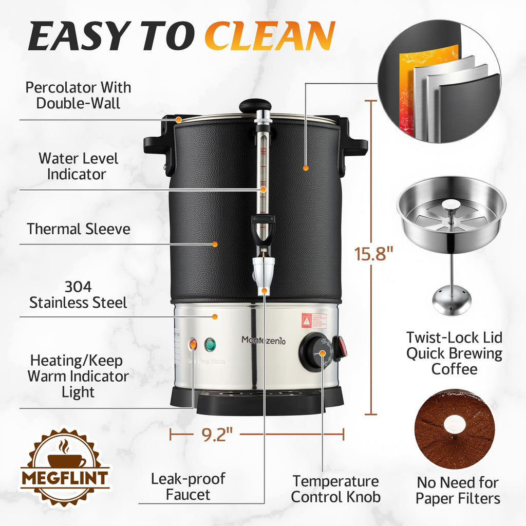 50-Cup Commercial Coffee Urn Stainless Steel Double Insulated Coffee Maker with Percolator System & Temp Control Function - Ideal for Events, Offices