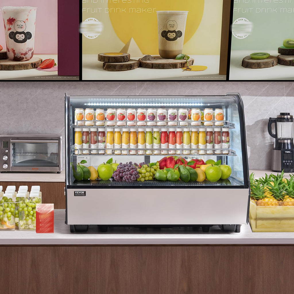 VEVOR Refrigerated Display Case, 3.5 Cu.Ft./100L, 2-Tier, Countertop Pastry Display Case Commercial Display Refrigerator with LED Lighting, TURBO Cooling, Frost-Free Air-Cooling, Rear Sliding Door