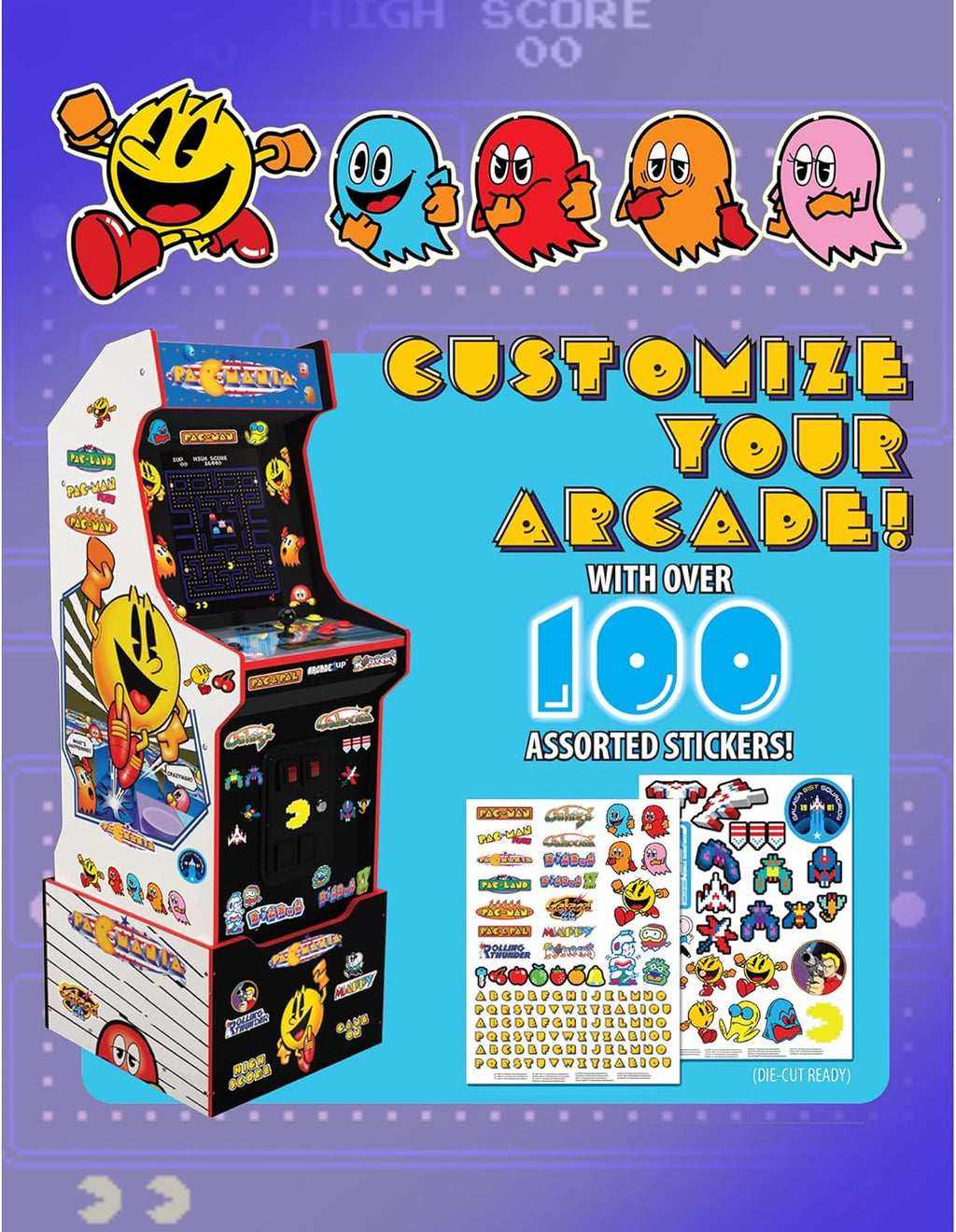 Arcade1Up PAC-Man Customizable Arcade Game Featuring PAC-Mania - Includes 14 Games & 100 Bonus Stickers