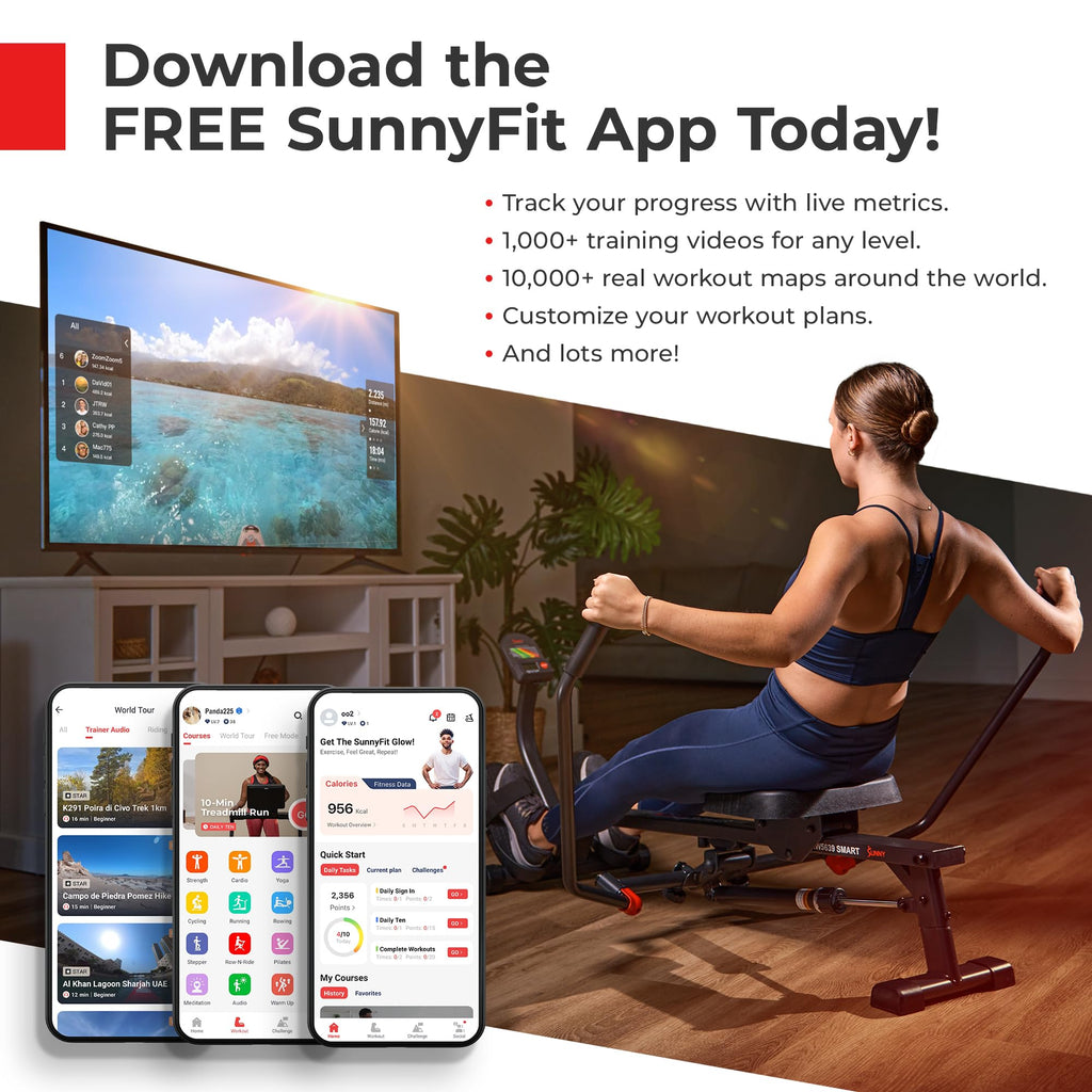 Sunny Health & Fitness Row-N-Ride PRO, Full Body Combo Squat Machine w/Optional Resistance Band, Easy Setup Ab Workout Exercise Equipment for Home, Whole Body Cardio, Optional SunnyFit App Connection