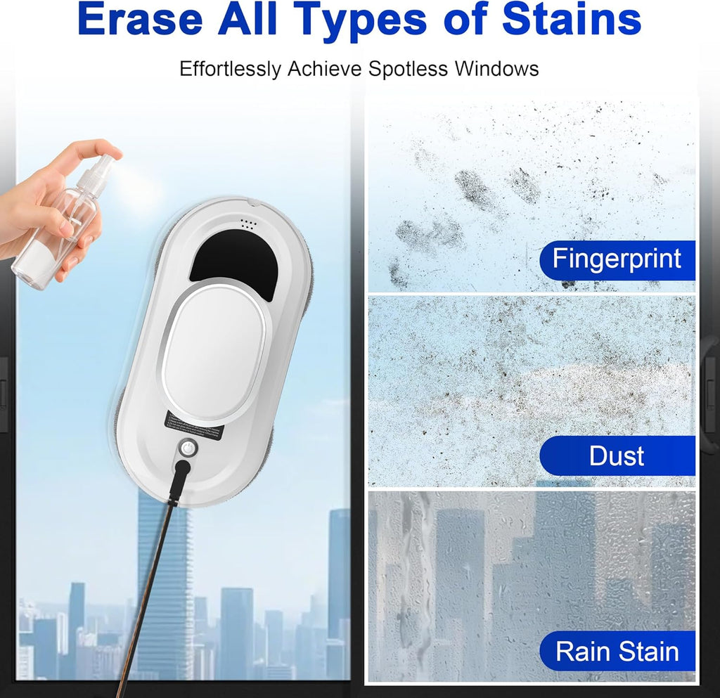 Automatic Window Cleaning Robot, Smart Robot Window Cleaner Inside/Outside, 3000Pa Suction, Intelligent Path Planning, Remote Control for high Glass, Shower, Mirror with 10 Rags(White)