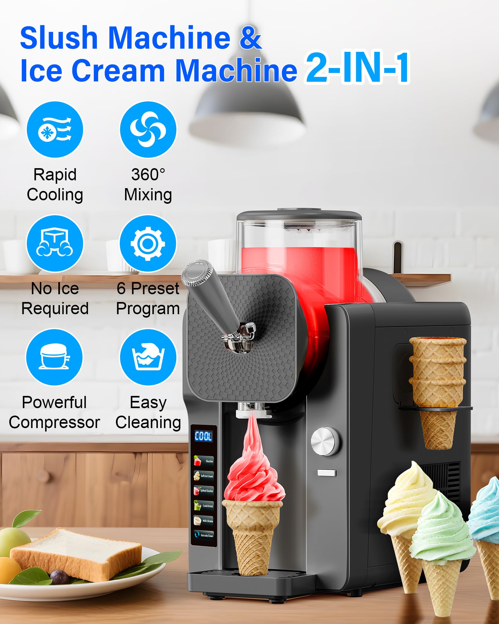 Slush Machine & Ice Cream Maker Machine 2-IN-1, 6 Modes for Smoothies, Milkshakes, Cocktails, Margarita, and Ice Cream, Double-Layer Tank, With Ice Cream Cone Holder, Self-Cleaning, For Home Use