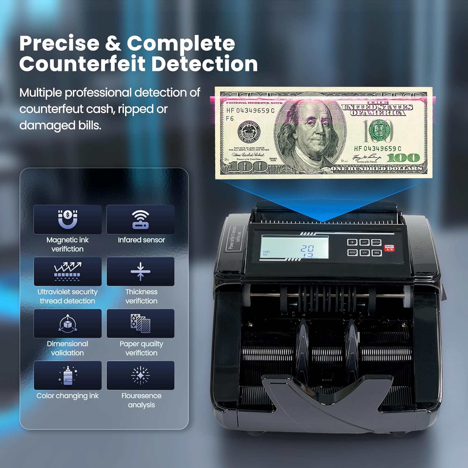 BODIOO Professional Money Counter Machine with UV/MG/IR/DD Detection, High-Speed 1000 Bills per Minute, USD and EUR Support, External LCD Display,Black