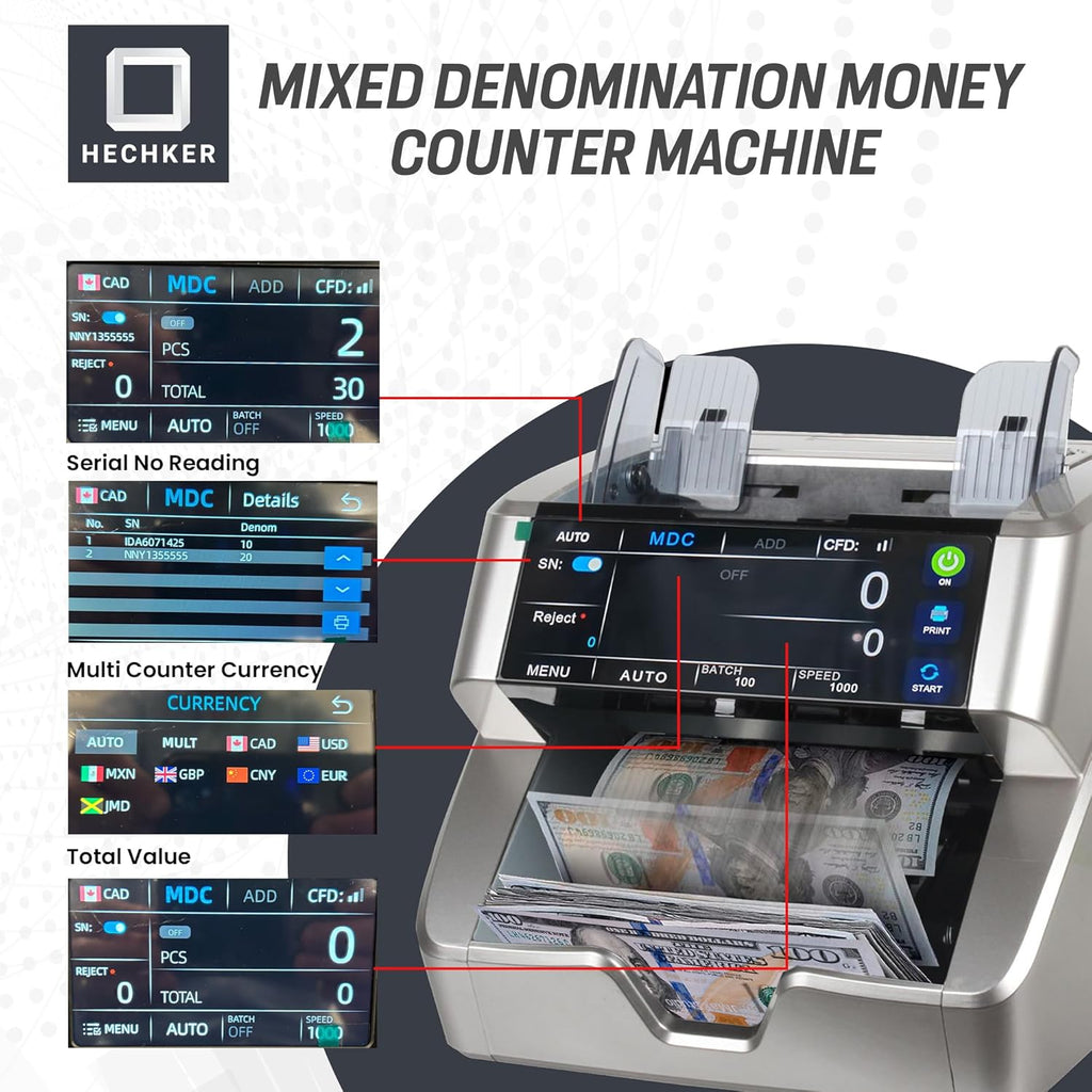 10000 Plus Bank Grade Money Counter Machine – Mixed Denomination Bill Counter with Touch Screen, 2 CIS, UV/MG/IR/MT Detection, Serial Number Reader & External Display, 1500 Bills/Min