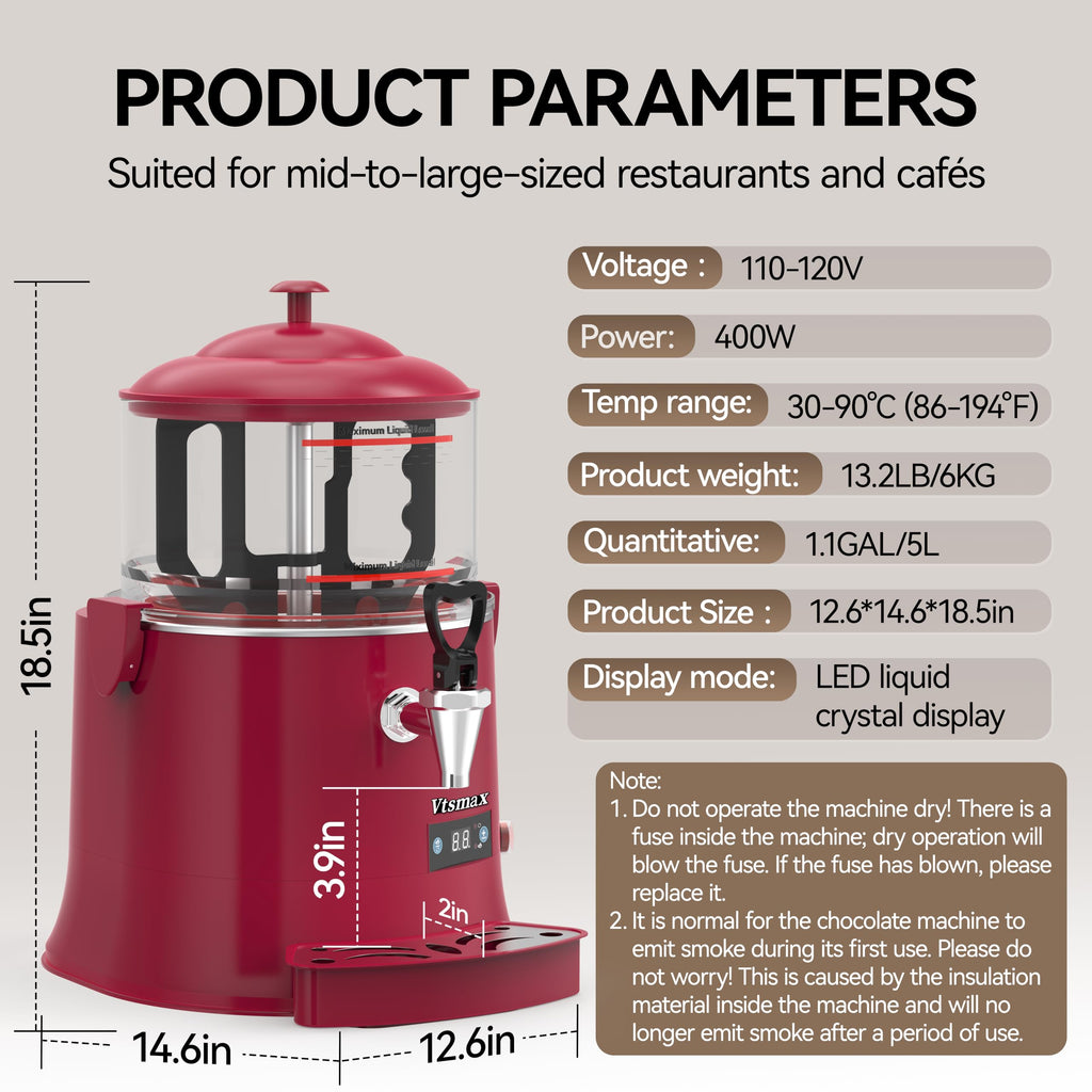10L/2.6Gal Hot Chocolate Machine, Commercial Hot Drink Dispenser, 86–194°F Temperature Control Beverage Warmer with Stainless Steel Spout, Removable PC Bowl for Cocoa, Milk, Coffee, Red