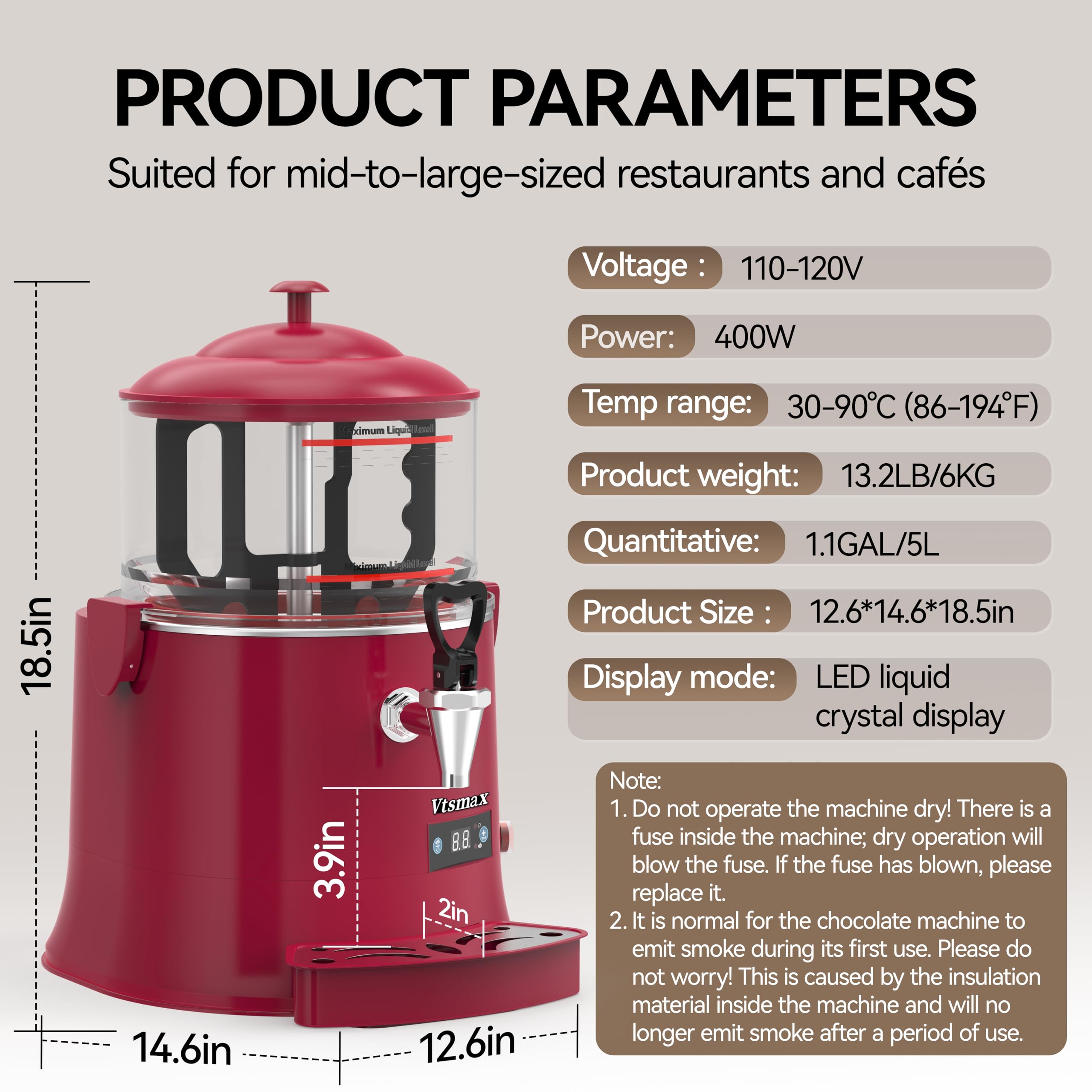 10L/2.6Gal Hot Chocolate Machine, Commercial Hot Drink Dispenser, 86–194°F Temperature Control Beverage Warmer with Stainless Steel Spout, Removable PC Bowl for Cocoa, Milk, Coffee, Red