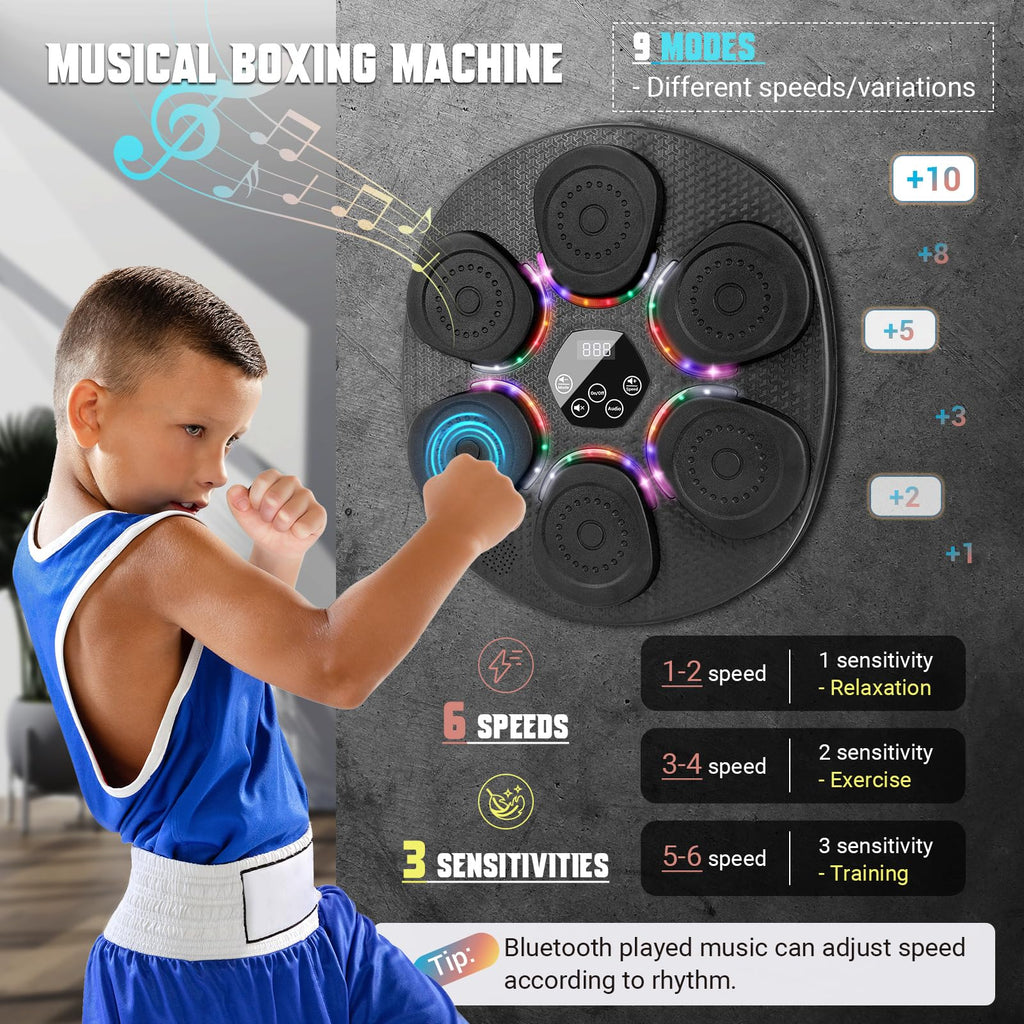 Music Boxing Machine for Adults & Kids, Bluetooth Smart Boxing Wall Machine with Gloves, 9 Modes, 6 Speeds & 3 Sensitivity, Electric Light Up Music Punching Machine for Home & Gym
