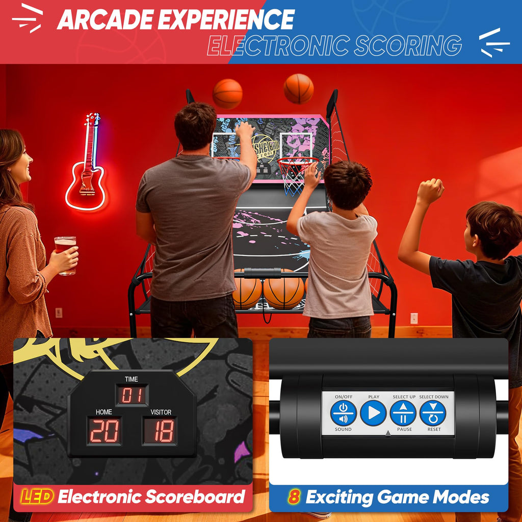 Basketball Arcade Game Shot Creator Indoor Foldable Electronic Double Shootout Sport Game Official Home Dual Shot Basketball 2 Player with 4 Balls (Black Purple)