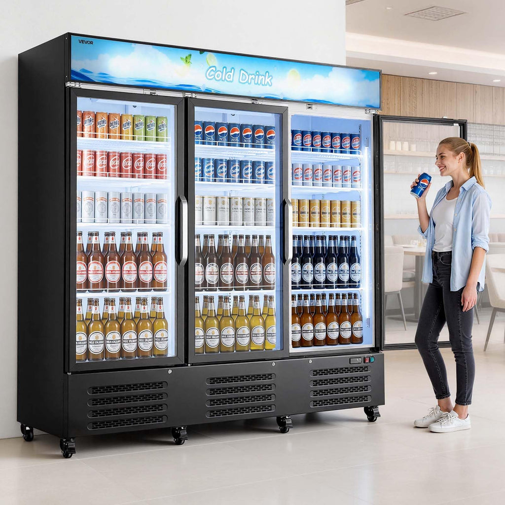 VEVOR Commercial Merchandiser Refrigerator, 6.9 Cu.Ft / 195L Glass Door Display Refrigerator, Upright Beverage Cooler Fridge with 4 Adjustable Shelves, Soft LED Light & Casters for Homes Shops Bars