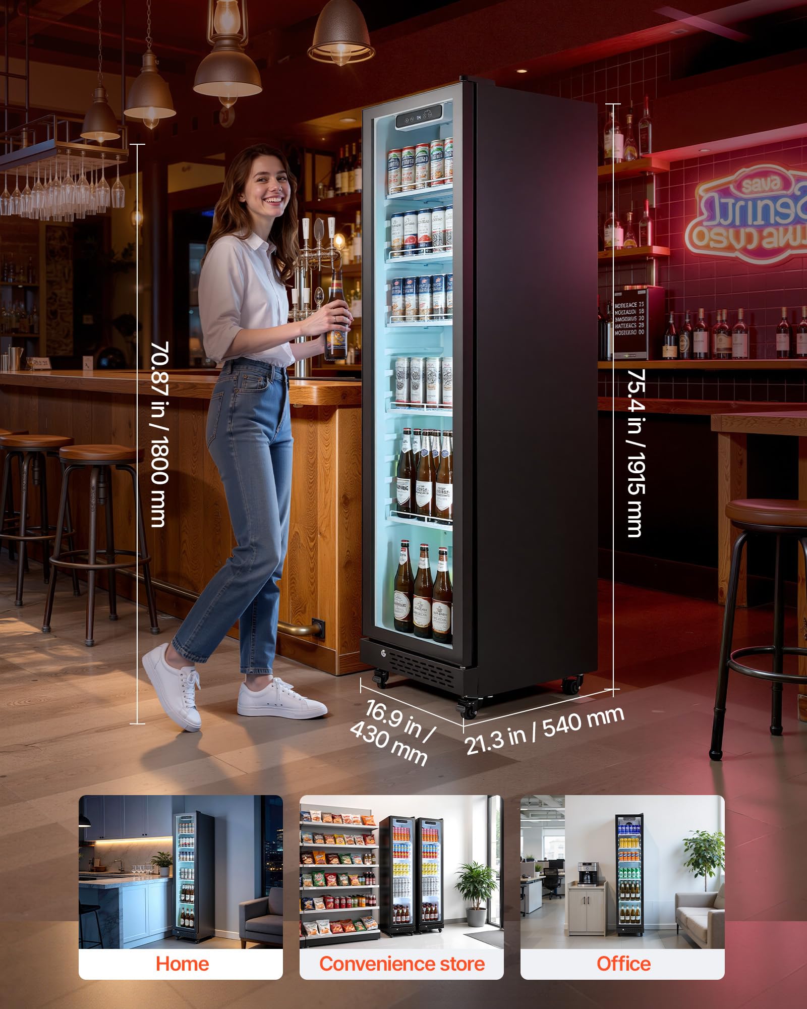 VEVOR Commercial Merchandiser Refrigerator, 6.9 Cu.Ft / 195L Glass Door Display Refrigerator, Upright Beverage Cooler Fridge with 4 Adjustable Shelves, Soft LED Light & Casters for Homes Shops Bars