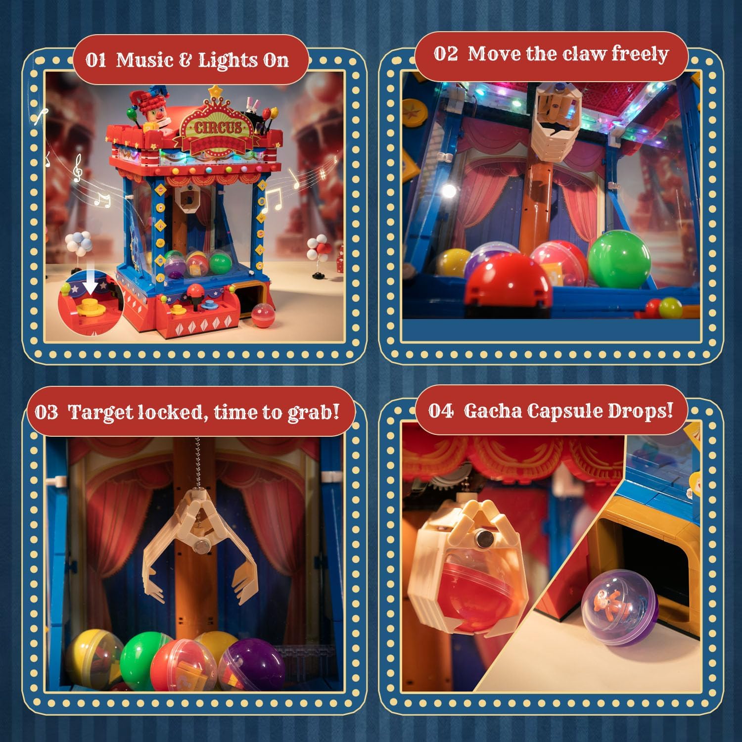 Retro Gumball Machine & Circus Claw Machine Building Set, Interactive Arcade-Style Model Kits with Lights, Music & Surprise Capsules for Collectible Display & Play