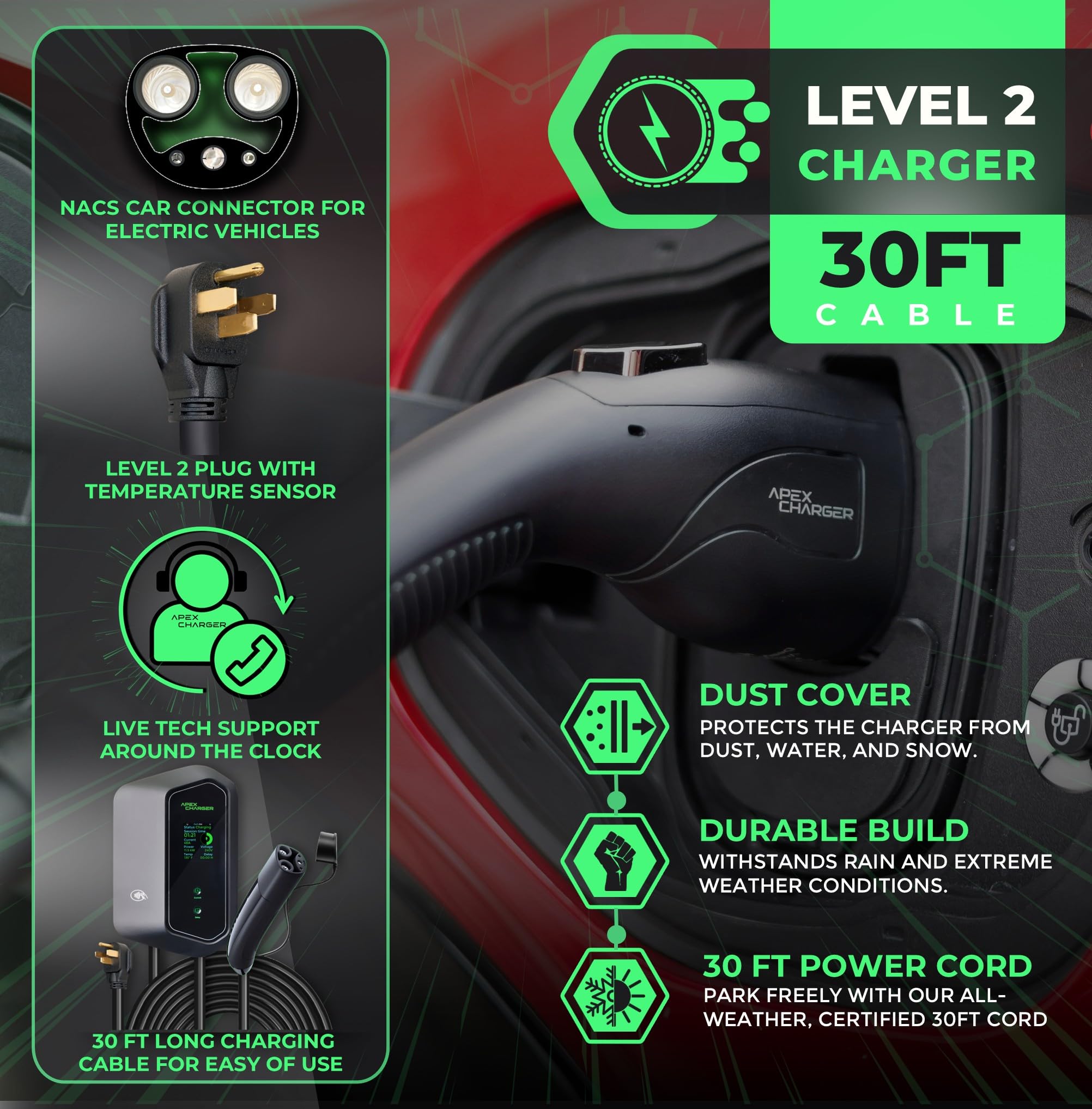MACH 1: Fast 48 Amp Level 2 EV Charger, Wall-Mount Electric Vehicle Charging Station, 200-240V Hardwire or NEMA 14-50. J1772 car Connector & Tesla NACS, Indoor/Outdoor, 30ft Cable evse Adapter