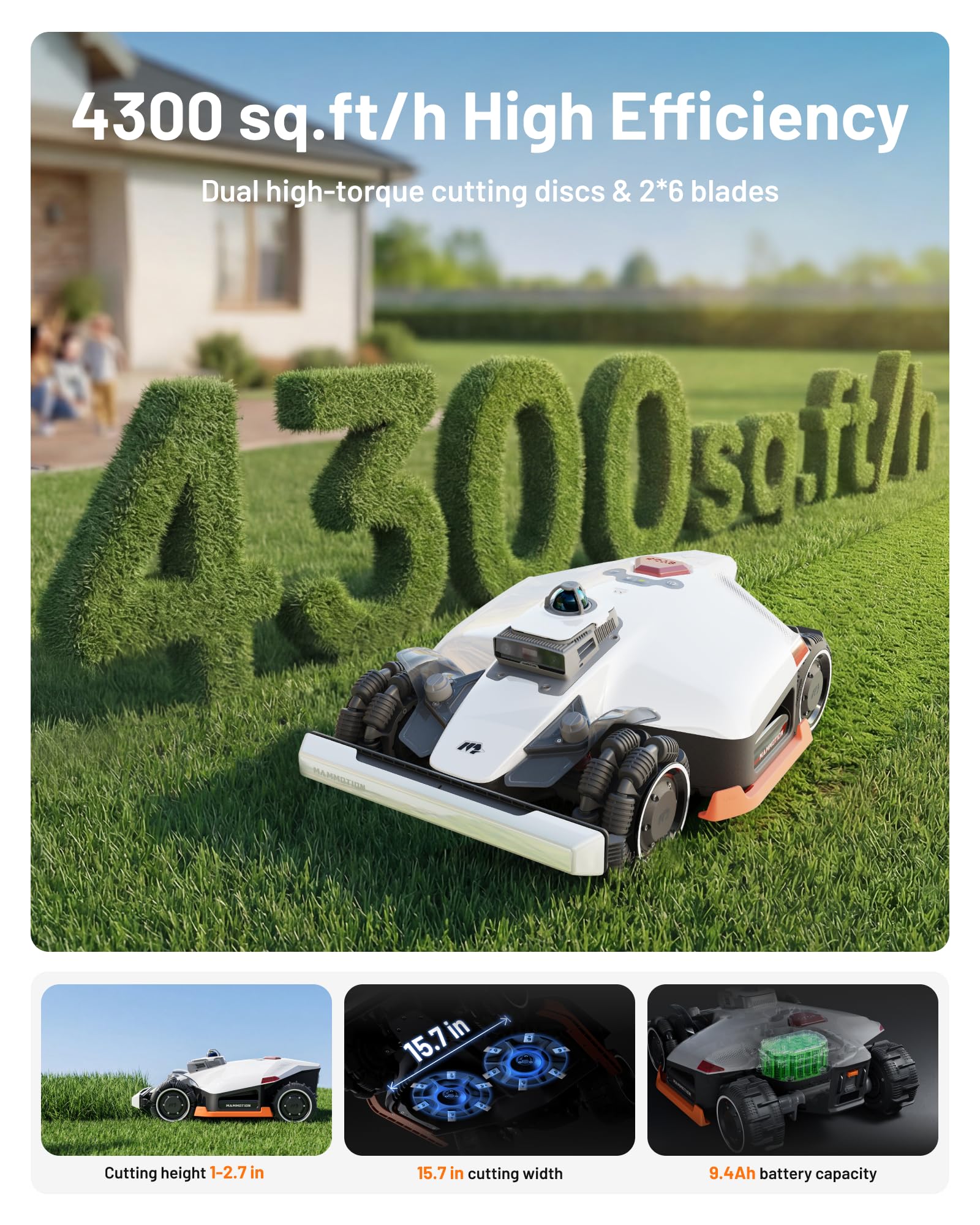 Mammotion LUBA 3 AWD 5000H Robot Lawn Mower for 1.25 Acres, 360° LiDAR+NetRTK+AI Vision Tri-Fusion Positioning, All-Wheel-Drive for 80% Slopes, 50 Multi-Zone Management, Cutting Height 2.2"-4.0"