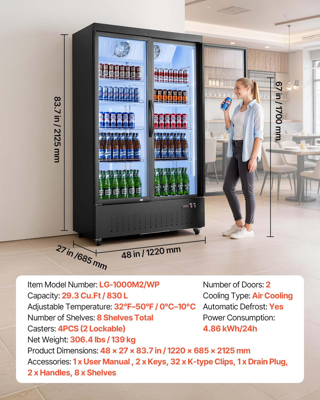 VEVOR Commercial Merchandiser Refrigerator, 6.9 Cu.Ft / 195L Glass Door Display Refrigerator, Upright Beverage Cooler Fridge with 4 Adjustable Shelves, Soft LED Light & Casters for Homes Shops Bars