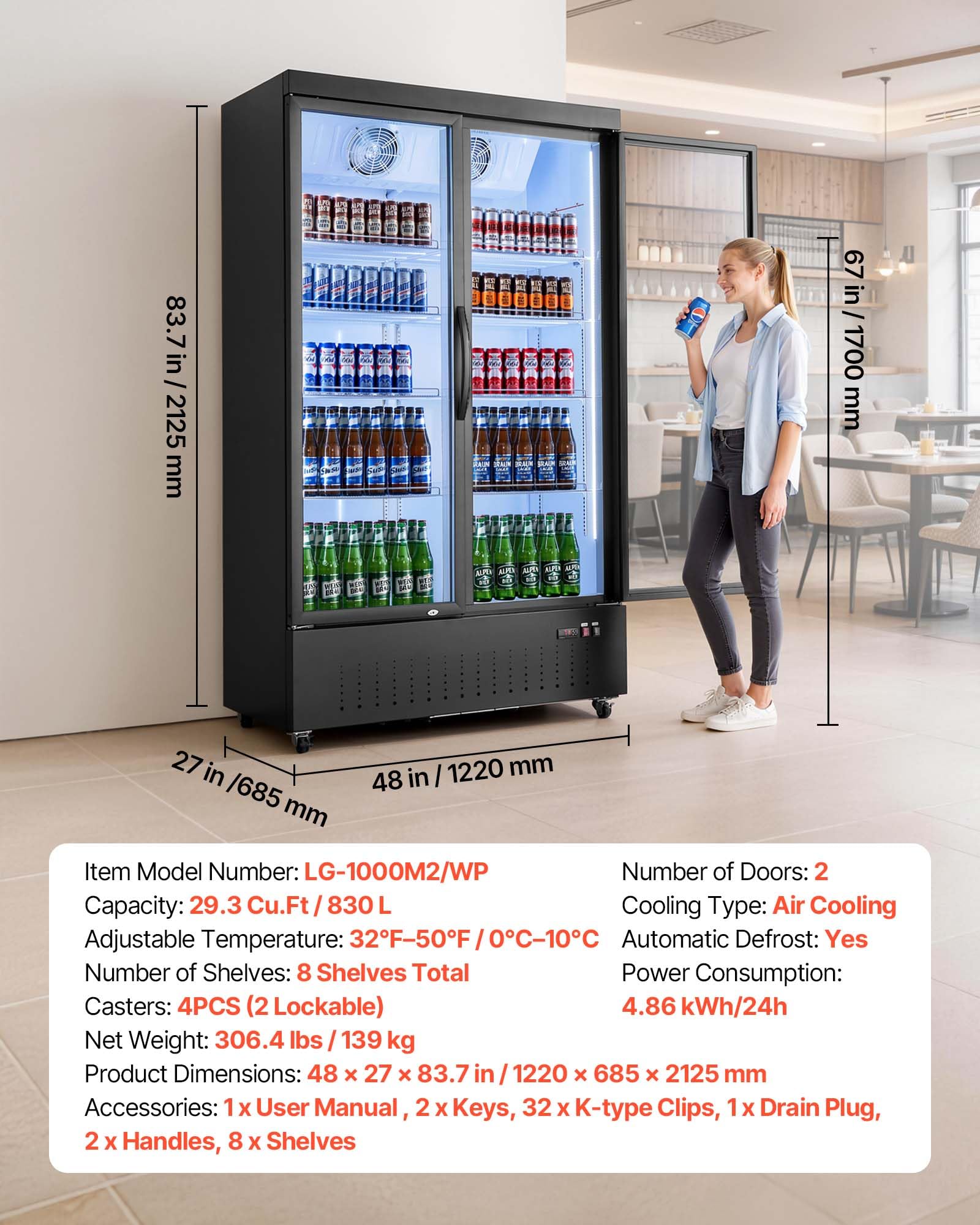VEVOR Commercial Merchandiser Refrigerator, 6.9 Cu.Ft / 195L Glass Door Display Refrigerator, Upright Beverage Cooler Fridge with 4 Adjustable Shelves, Soft LED Light & Casters for Homes Shops Bars