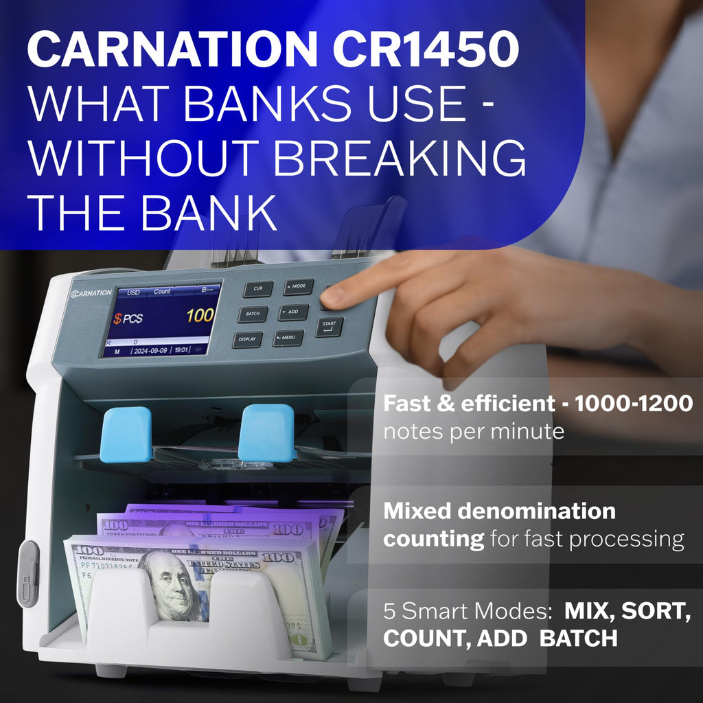 Carnation Money Counter Machine Cash Counting & Mixed Denomination Bill Counter, Portable Currency Detector, Counterfeit Bank Scanner, Dollar Sorter for Commercial, 1100 N/M, UV/MG/MT/IR/2CIS