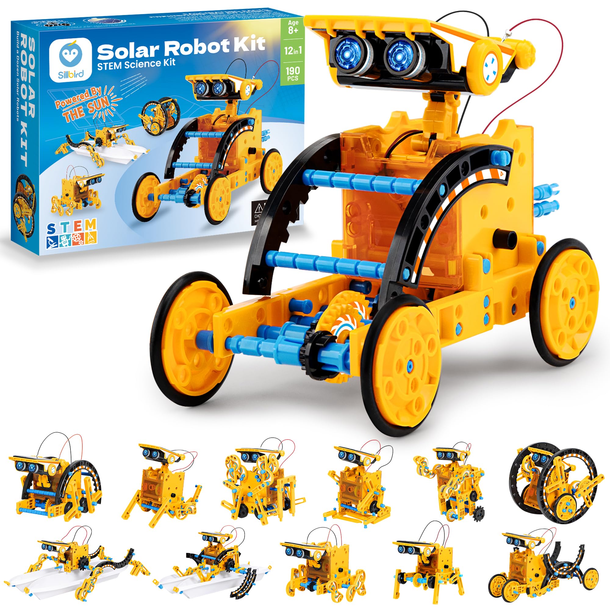 Sillbird 12-in-1 Solar Robot Building Kit STEM Gift for Boys Aged 8-13, DIY Science Educational Robotic Toys for Kids Teens Birthday, Powered by the Sun with 190 Pieces