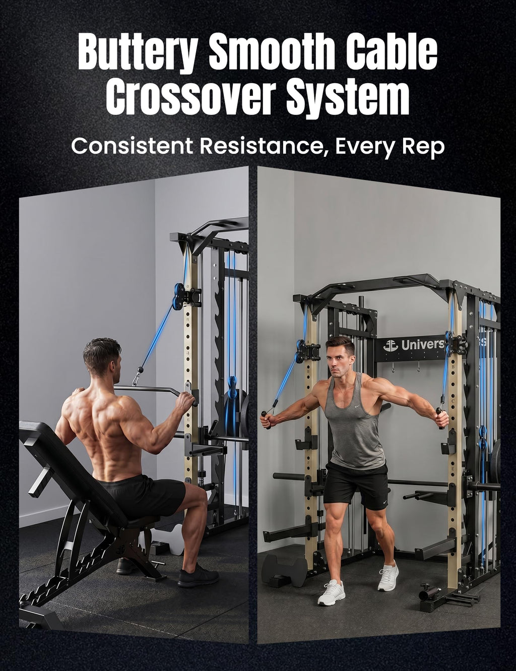 Unive Fitness Smith Machine, Commercial-Grade All-in-One Home Gym Power Cage with Squat Rack, Dual Cable Crossover & Pulley System, Complete Attachments for Full Body Workouts