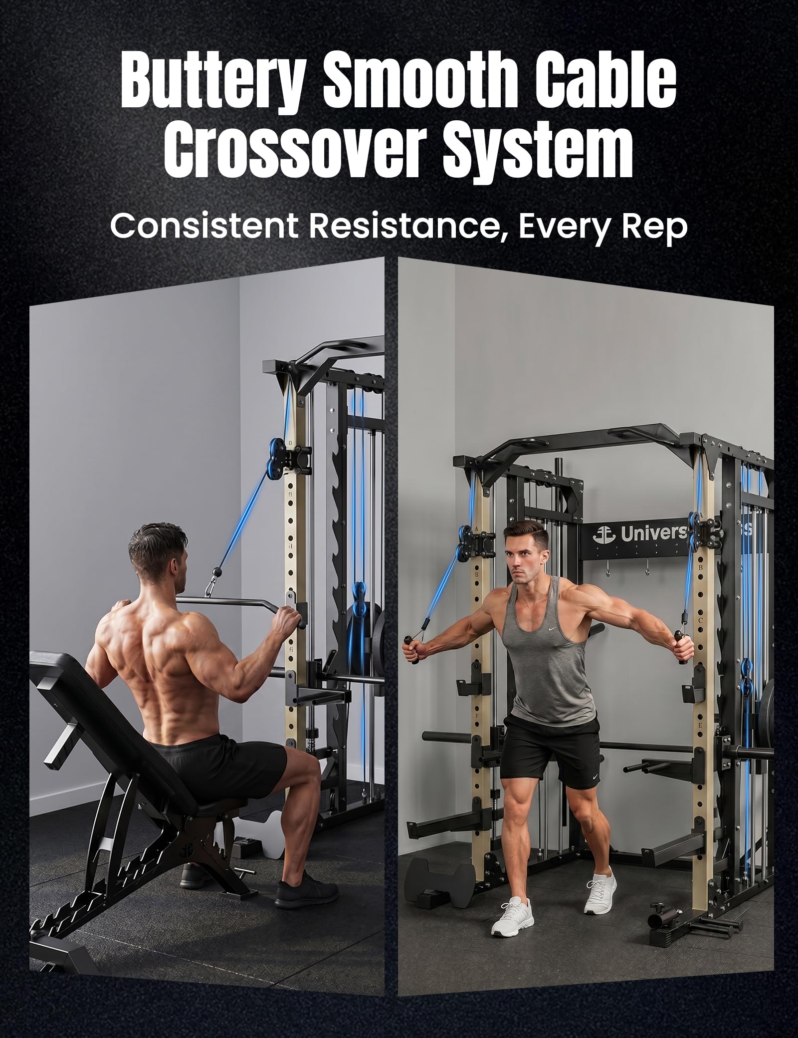 Unive Fitness Smith Machine, Commercial-Grade All-in-One Home Gym Power Cage with Squat Rack, Dual Cable Crossover & Pulley System, Complete Attachments for Full Body Workouts