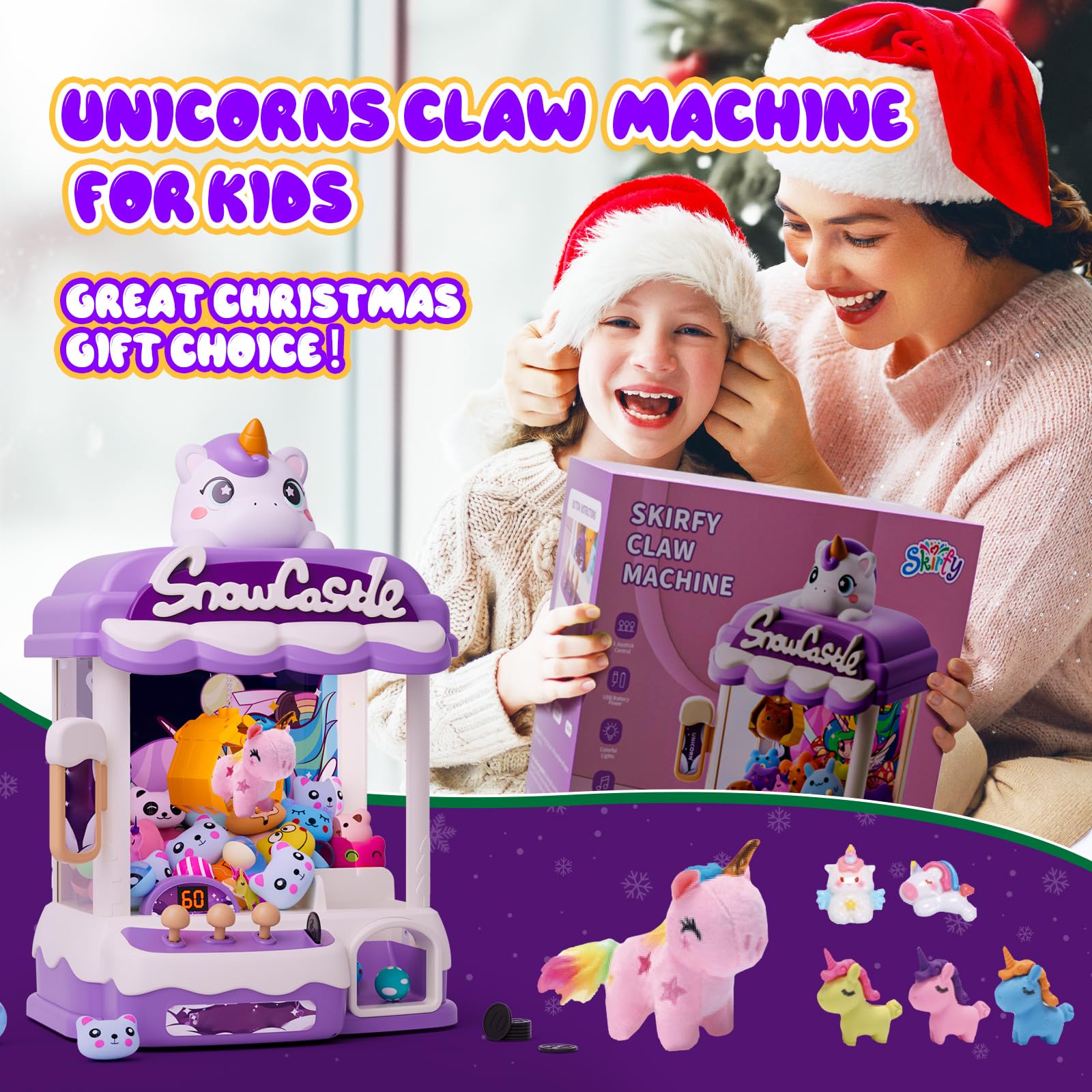 Skirfy Large Claws Machines 12'' for Kids Adults,Girls Unicorns Toys,Candy Grabber Prize Dispenser 15 Stuffeds Toys,Electronic Arcades Game Christmas Thanksgiving Birthday Gifts for Age 6-12