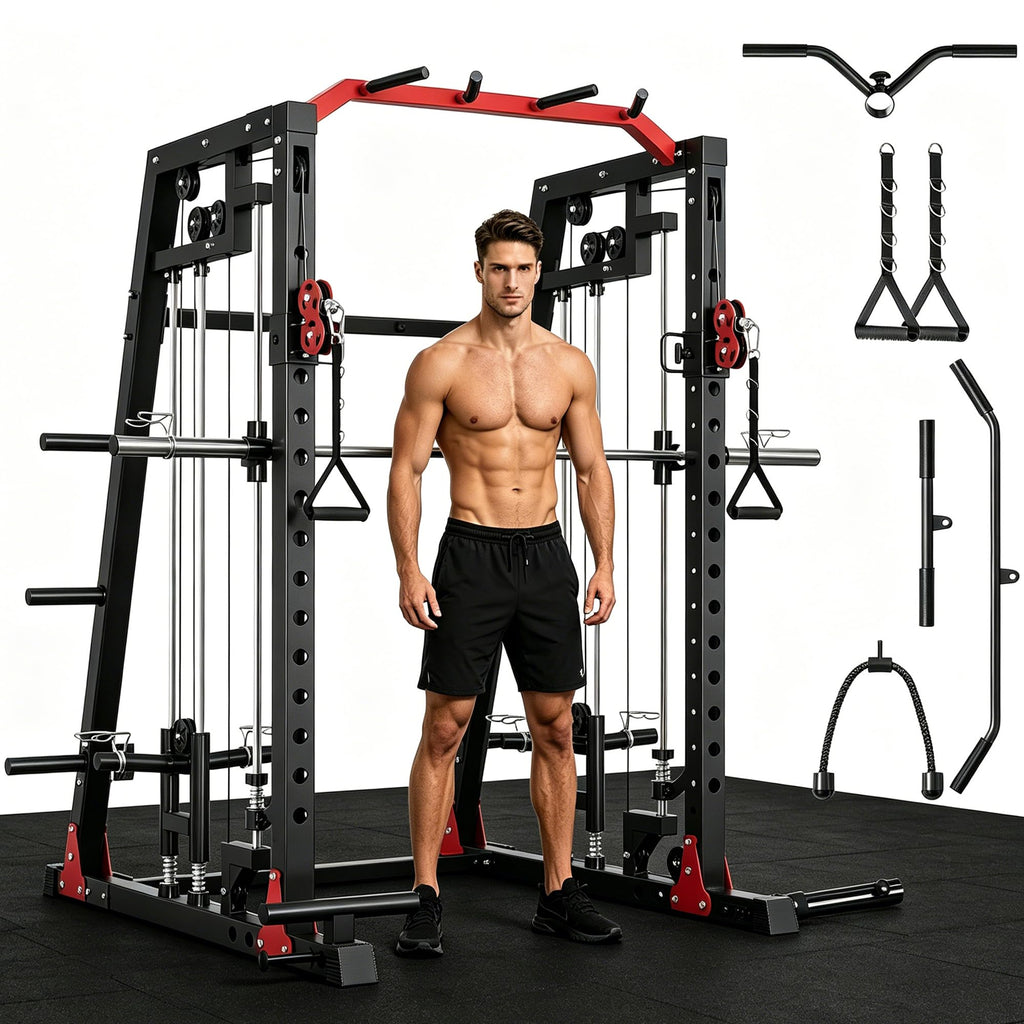 Smith Machine Home Gym, 2200LB Power Cage with Dual Pulley Cable Systems, LAT Pull-Down, Leg Hold-Down & 20+ Attachments for Full Body Workouts
