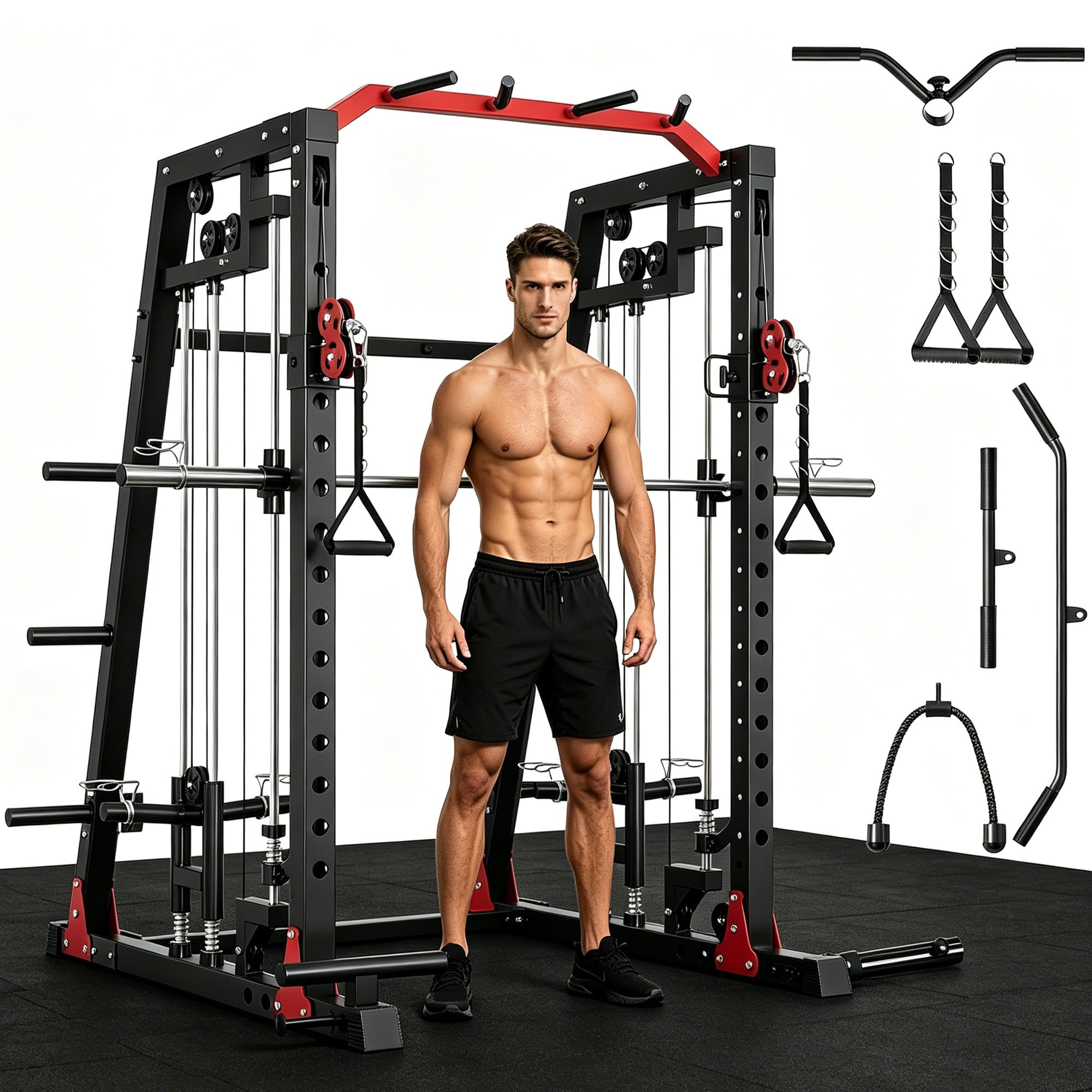 Smith Machine Home Gym, 2200LB Power Cage with Dual Pulley Cable Systems, LAT Pull-Down, Leg Hold-Down & 20+ Attachments for Full Body Workouts