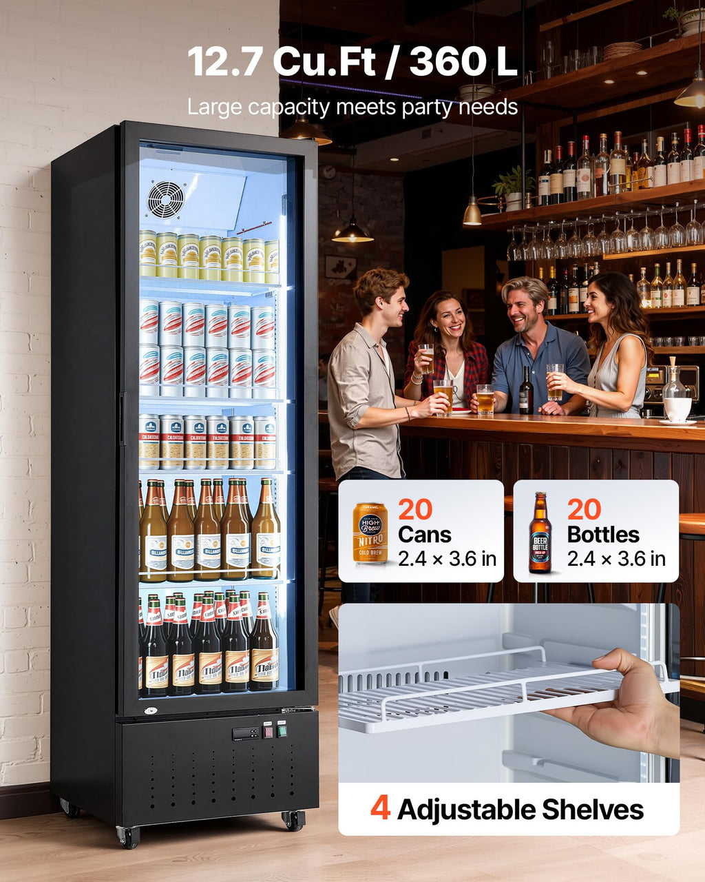 VEVOR Commercial Merchandiser Refrigerator, 6.9 Cu.Ft / 195L Glass Door Display Refrigerator, Upright Beverage Cooler Fridge with 4 Adjustable Shelves, Soft LED Light & Casters for Homes Shops Bars
