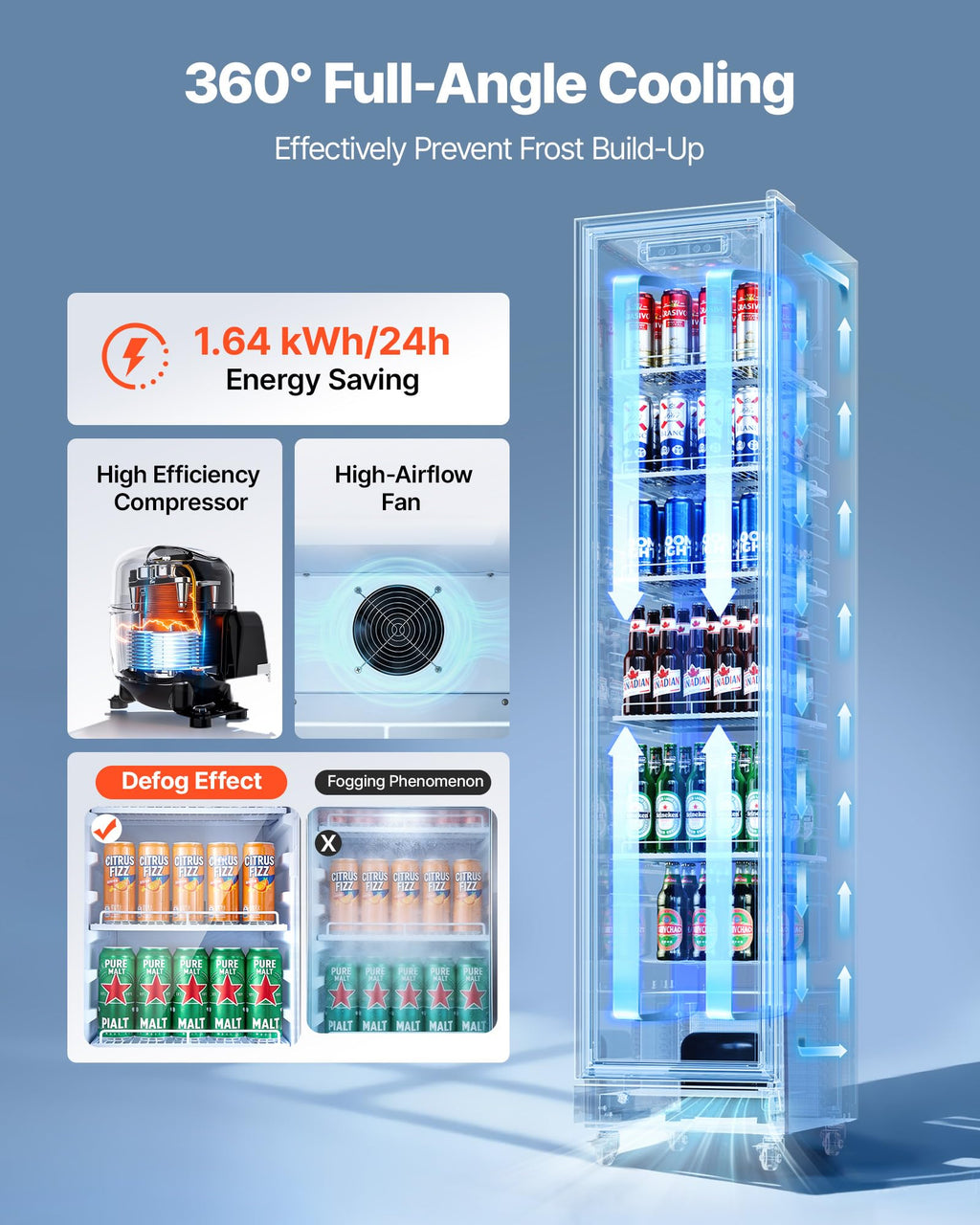 VEVOR Commercial Merchandiser Refrigerator, 6.9 Cu.Ft / 195L Glass Door Display Refrigerator, Upright Beverage Cooler Fridge with 4 Adjustable Shelves, Soft LED Light & Casters for Homes Shops Bars