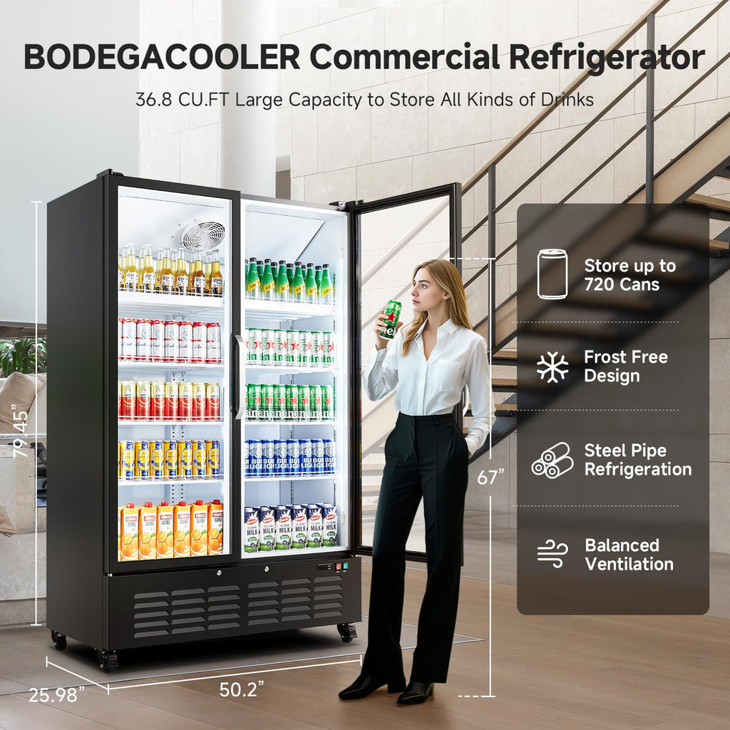 BODEGACOOLER Commercial Merchandiser Refrigerator, 27.02 Cu.Ft Double Glass Door Beverage Cooler, Upright Display Refrigerator with Soft LED Light, Adjustable Shelves, 4 Heavy-Duty Casters, Black