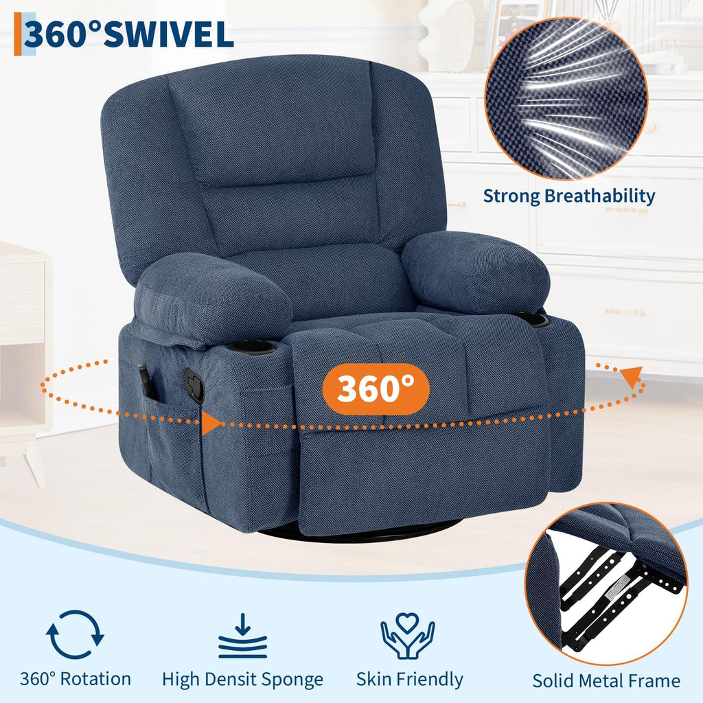Oversized Wide Recliner Chair with Vibration Massage and Heat, 360° Swivel Recliner Glider for Adults,Chenille Fabric Manual Reclining Single Sofa with Cup Holders & Side Pockets for Living Room,White