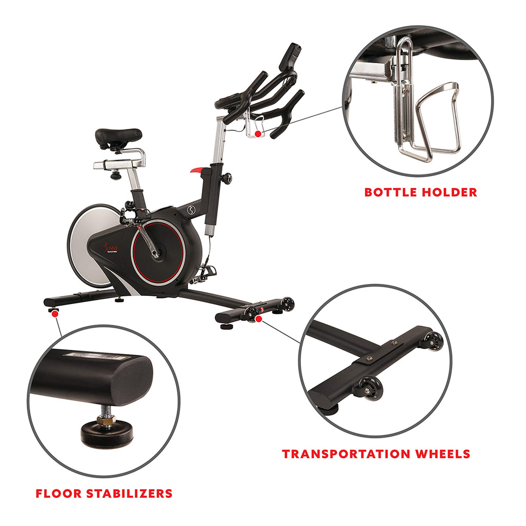 Sunny Health & Fitness Indoor Intensive Cycling Exercise Bike, Adjustable Cardio Training Exerciser w/Emergency Brake for Home, Optional Free SunnyFit App Bluetooth Link + Electromagnetic Resistance