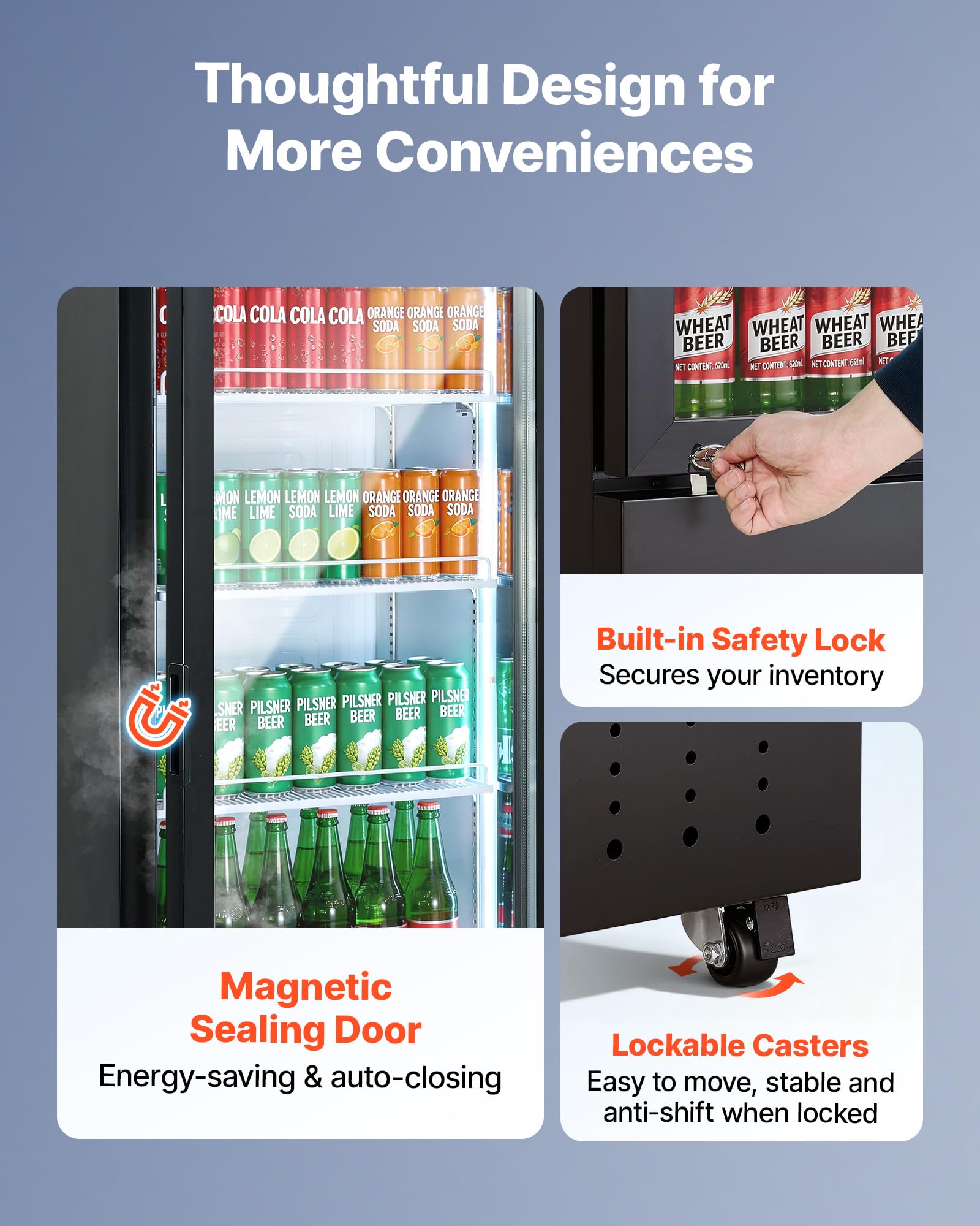 VEVOR Commercial Merchandiser Refrigerator, 6.9 Cu.Ft / 195L Glass Door Display Refrigerator, Upright Beverage Cooler Fridge with 4 Adjustable Shelves, Soft LED Light & Casters for Homes Shops Bars