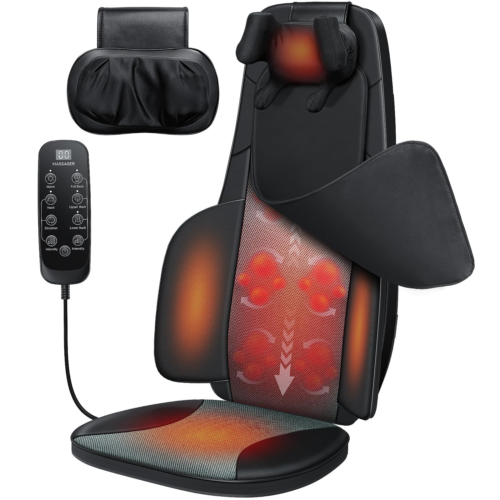 Shiatsu Neck and Back Massager for Chair with Heat, 2 Interchangeable Attachments Full Back Massage Pad Deep Tissue, Adjustable Height 3-Level Intensity for Office Home, Masajeador de Espalda, Khaki