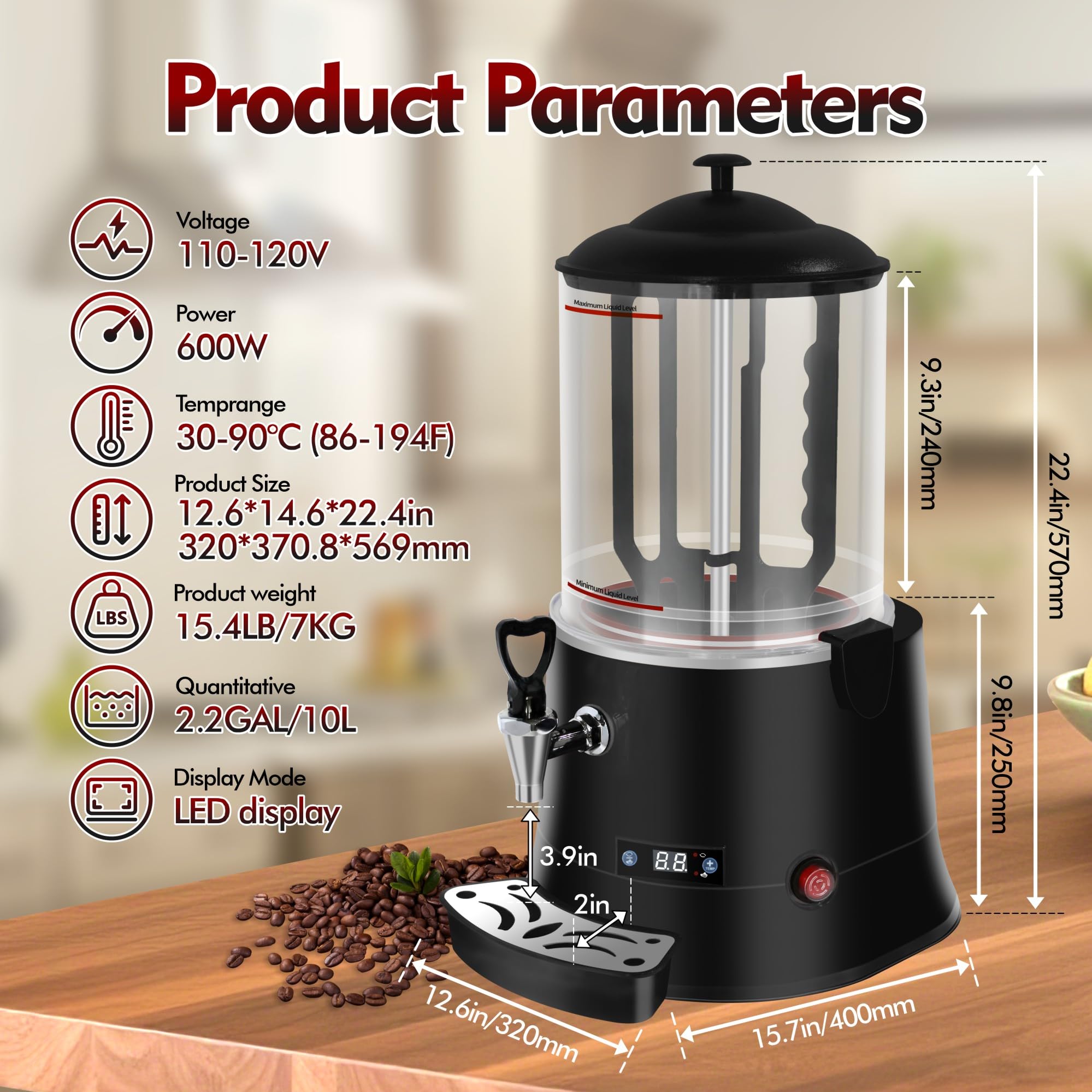 10L Commercial Hot Chocolate Machine & Beverage Dispenser, 110V Chocolatera with 86–194°F Adjustable Temperature Control, Removable PC Bowl for Cocoa