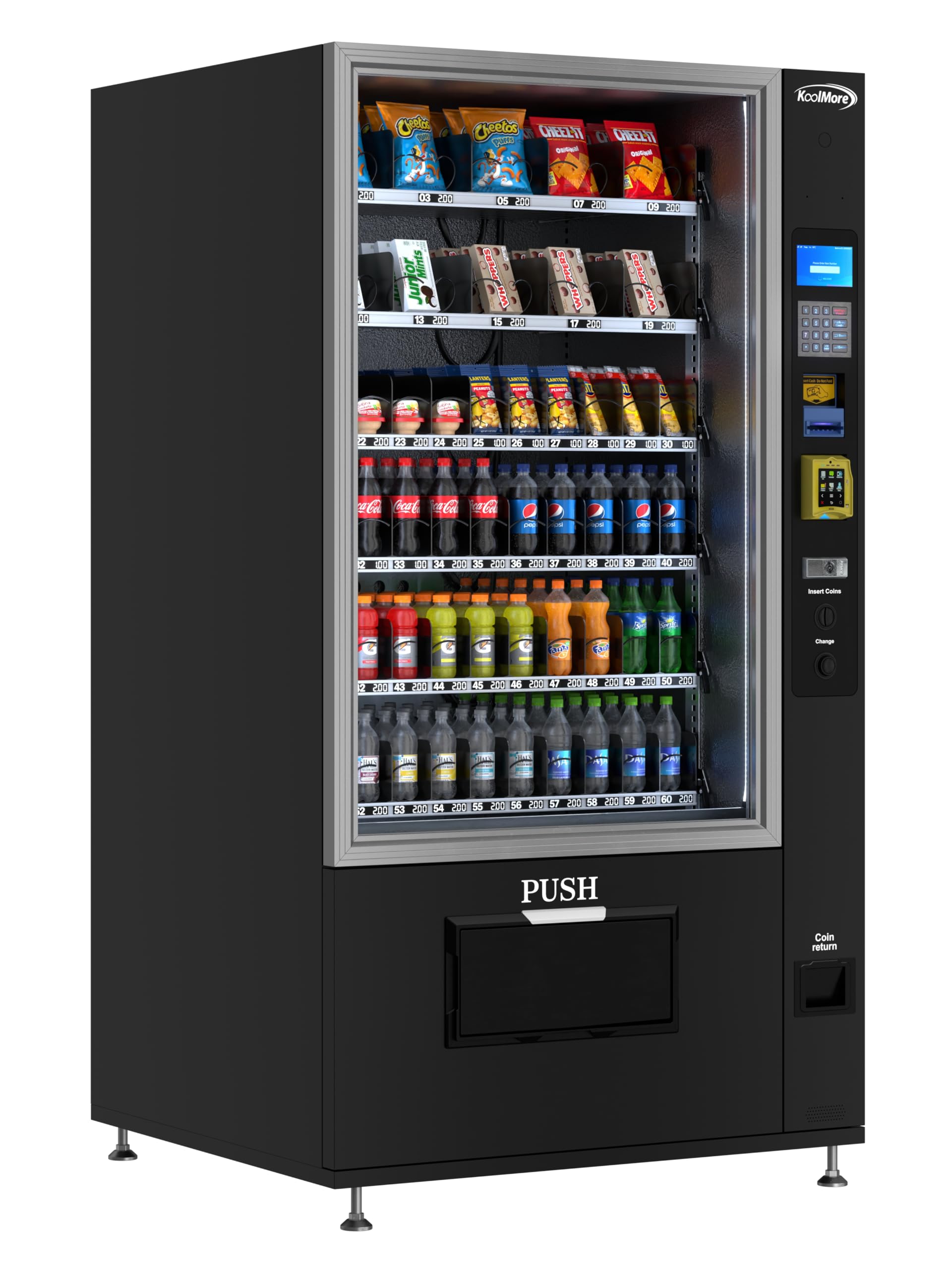 KoolMore Refrigerated Snack Vending Machine with 36 Slots Featuring a Credit Card Reader and Coin/Bill Acceptor in Black (KM-VMR-30-BCR)