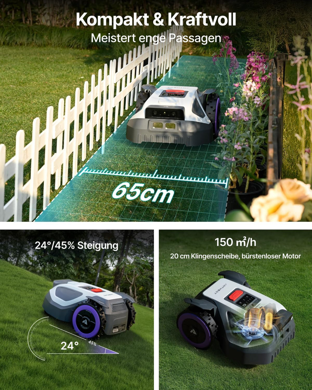 ANTHBOT M5 Robot Lawn Mower Perimeter Wire Free 1/8 Acre Dual RTK+Dual Vision Robotic Lawnmower, AI-Assisted Mapping, Virtual Boundary, APP Control, 58dB(A) Quiet, Multi-Zone Management