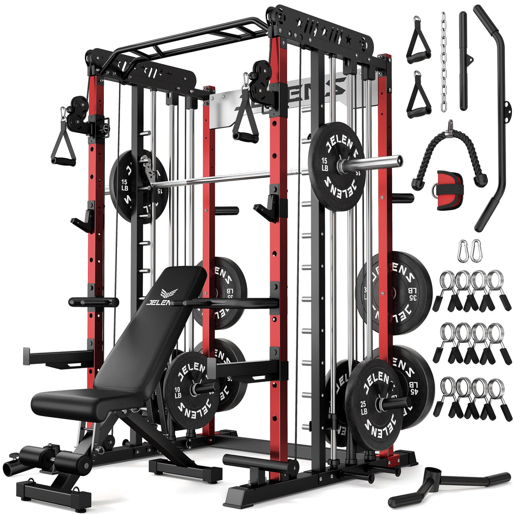 JELENS Smith Machine for Home Gym, Multi-Function M12 Power Cage with Cable Crossover System, Squat Rack with Smith Bar and More Attachment