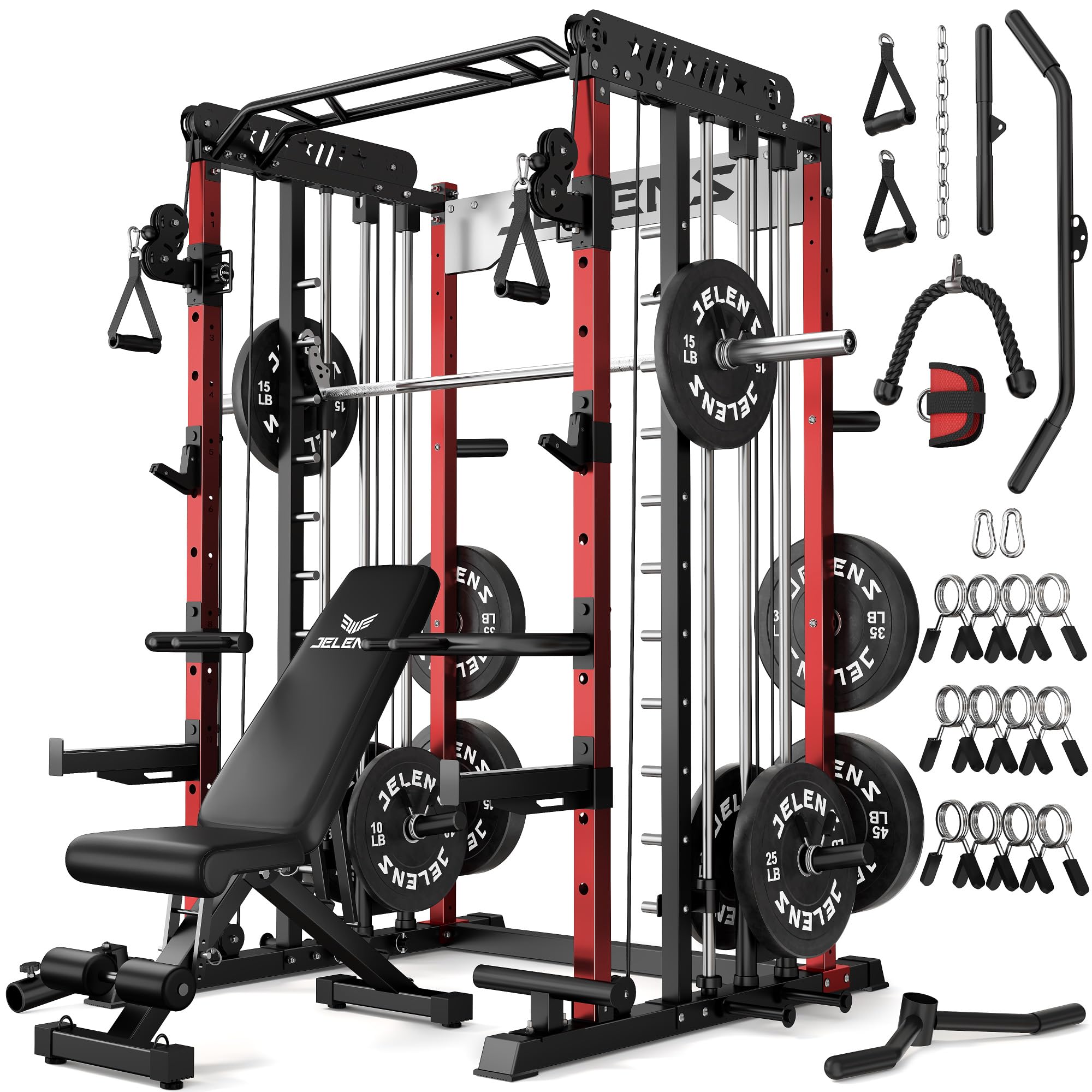 JELENS Smith Machine for Home Gym, Multi-Function M12 Power Cage with Cable Crossover System, Squat Rack with Smith Bar and More Attachment