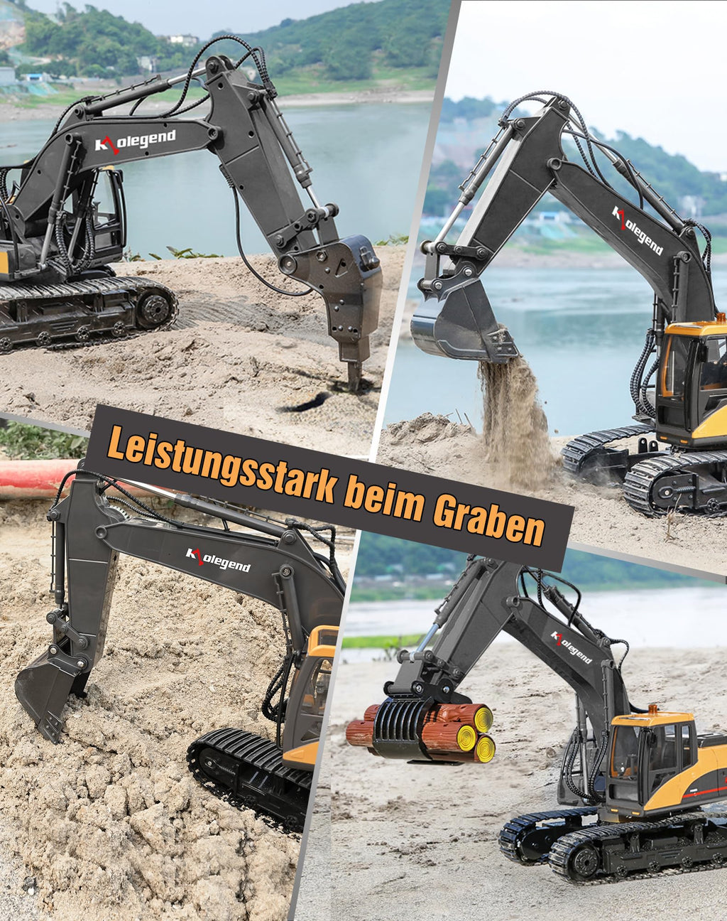 kolegend 3 in 1 Remote Control Excavator Toy 1/14 Scale RC Excavator, 15 Channel Upgrade Full Functional Construction Vehicles with Tools Metal Breaker and Electric Gripper(Yellow/Black)