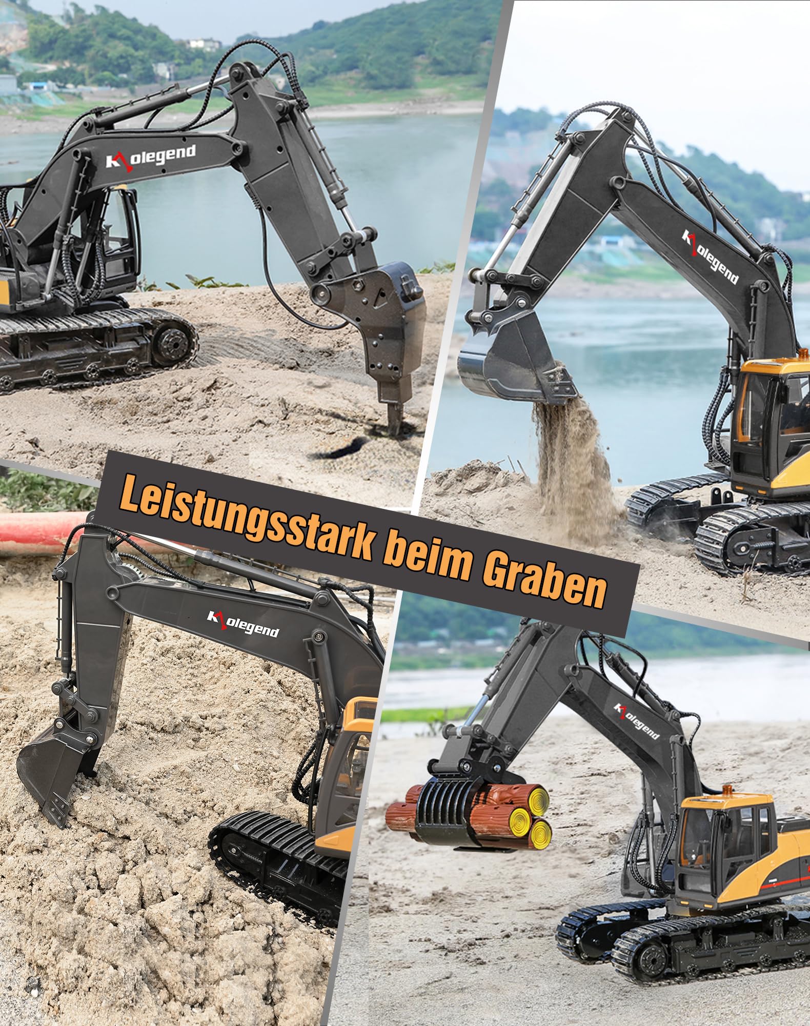 kolegend 3 in 1 Remote Control Excavator Toy 1/14 Scale RC Excavator, 15 Channel Upgrade Full Functional Construction Vehicles with Tools Metal Breaker and Electric Gripper(Yellow/Black)
