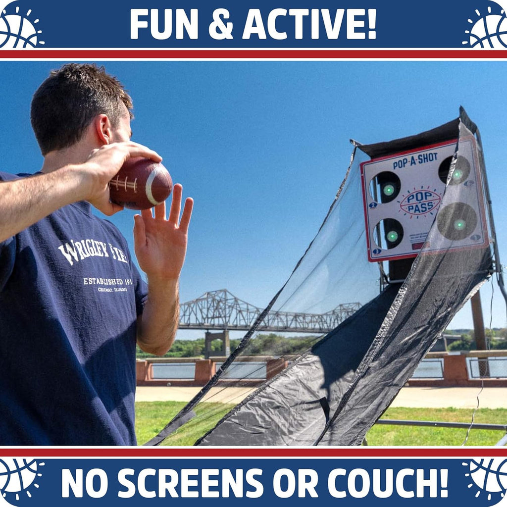 Pop-A-Shot | Official Pop-A-Pass Electronic Arcade Style Football Toss Game | 4 Inflatable Mini Footballs | Foldable, Portable, Tote Bag Included