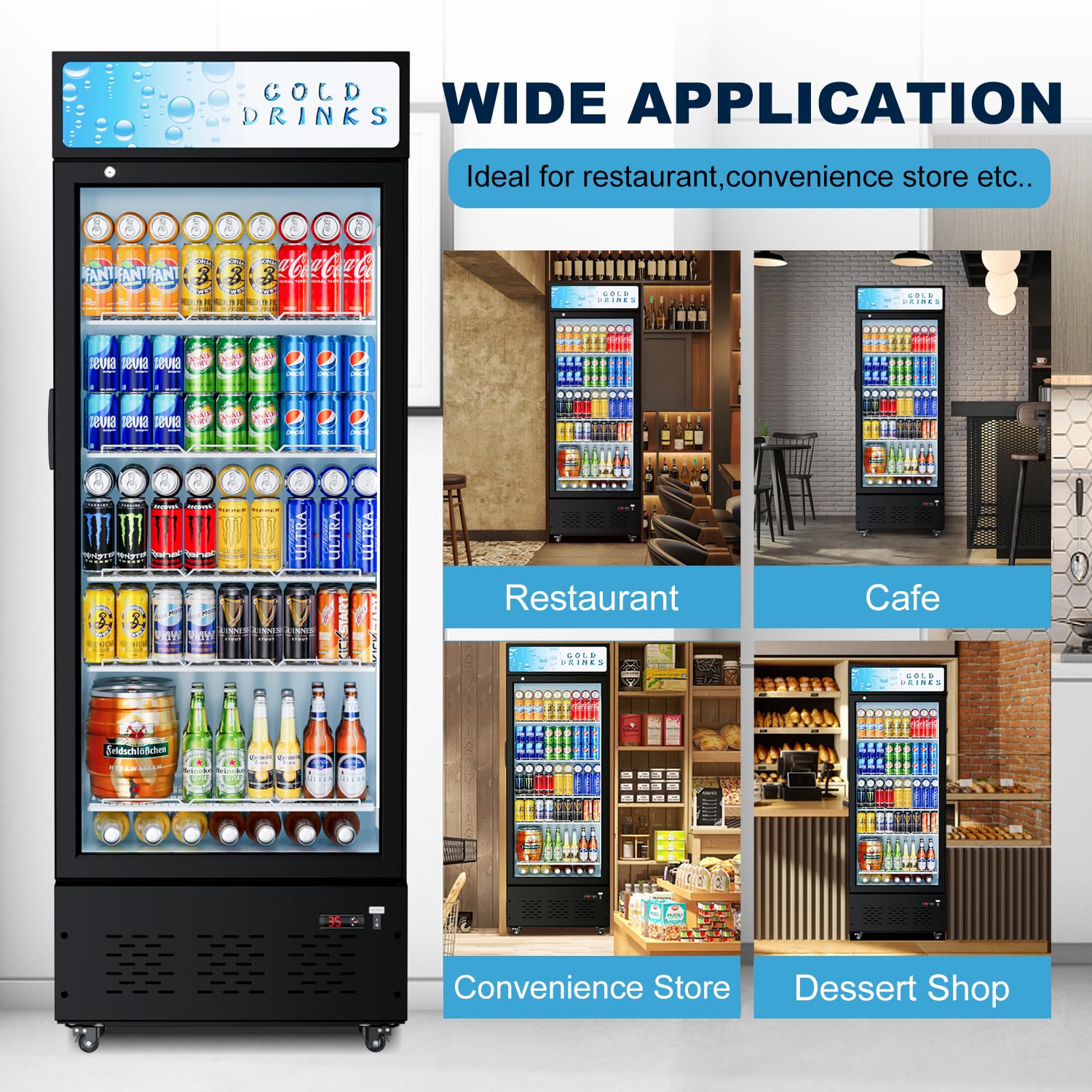 25.7'' W Commercial Refrigerators with Glass Door, 15 Cu.ft. Beverage Refrigerators Commercial Fridge Upright Display Cooler with Soft LED Light and Adjustable Shelves for Restaurant Stores
