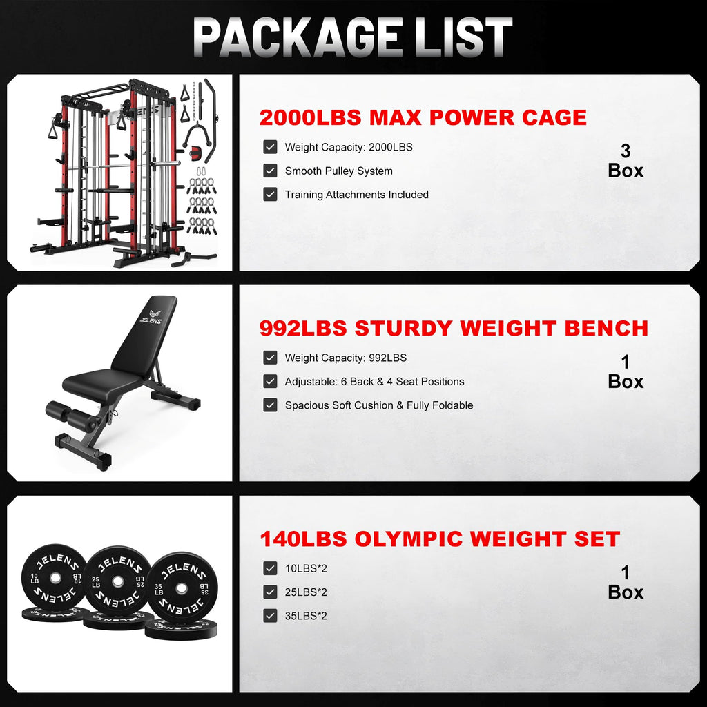 JELENS Smith Machine for Home Gym, Multi-Function M12 Power Cage with Cable Crossover System, Squat Rack with Smith Bar and More Attachment