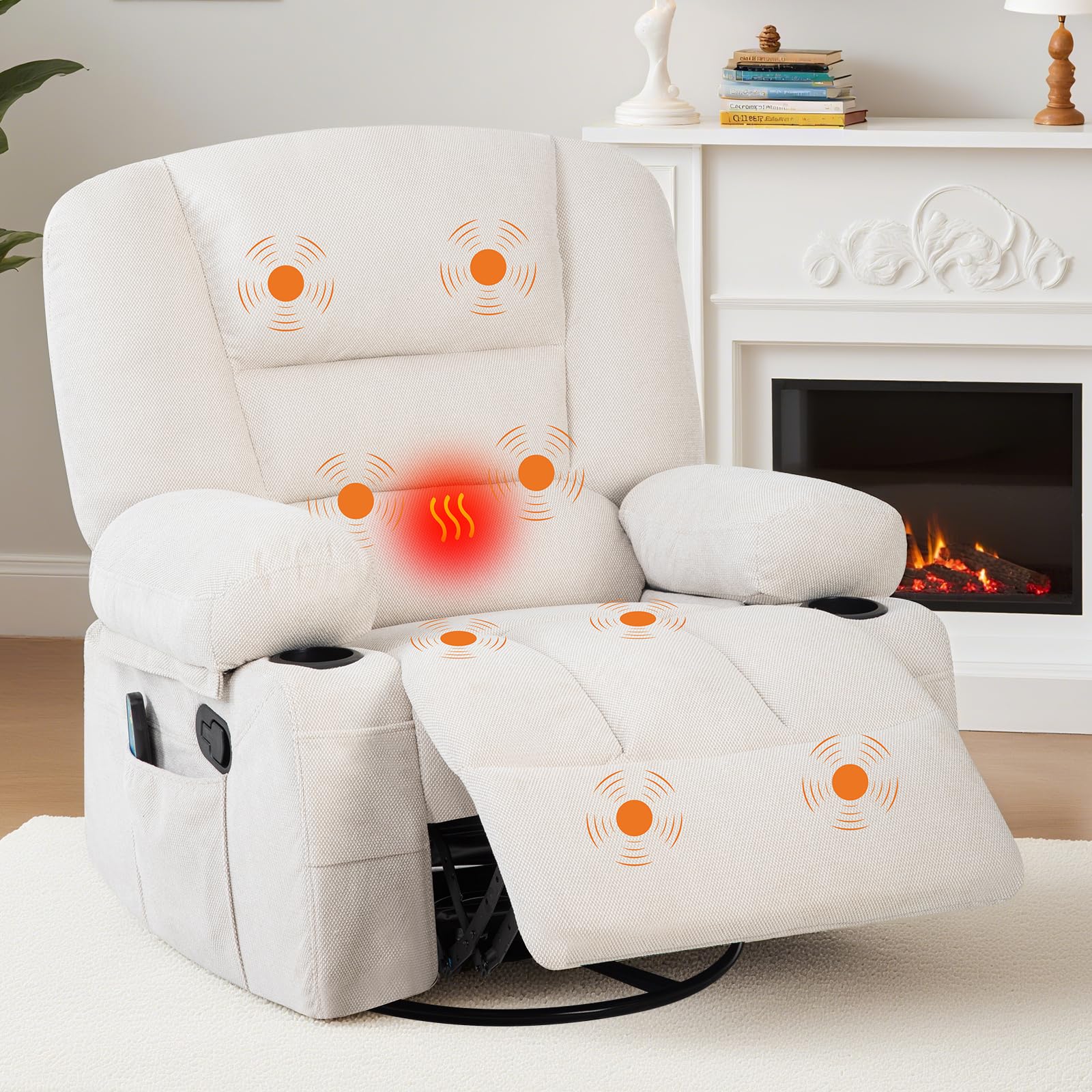 Oversized Wide Recliner Chair with Vibration Massage and Heat, 360° Swivel Recliner Glider for Adults,Chenille Fabric Manual Reclining Single Sofa with Cup Holders & Side Pockets for Living Room,White