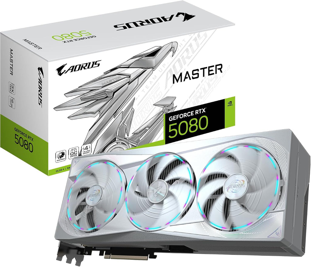 Gigabyte AORUS GeForce RTX 5080 Master ICE 16G Graphics Card - 16GB GDDR7, 256 Bit, PCI-E 5.0, 2805MHz Core Clock, 3 x DP 2.1a, 1 x HDMI 2.1b, NVIDIA DLSS 4, GV-N5080AORUSM ICE-16GD