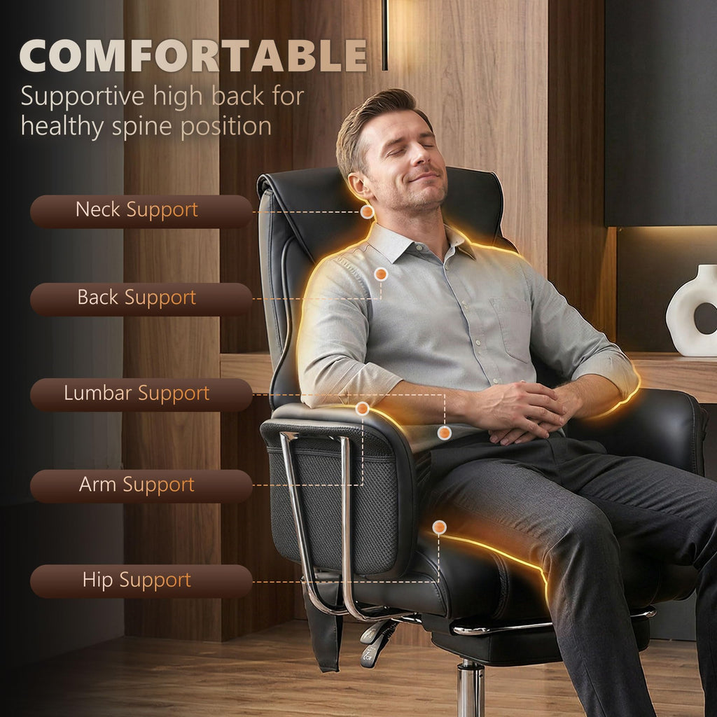 HOMCOM Massage Office Chair with 6-Point Vibration, 155° Recline & Retractable Footrest, PU Leather Executive Computer Desk Chair with Lumbar Support, Pocket Springs, Wheels for Home Office, Black