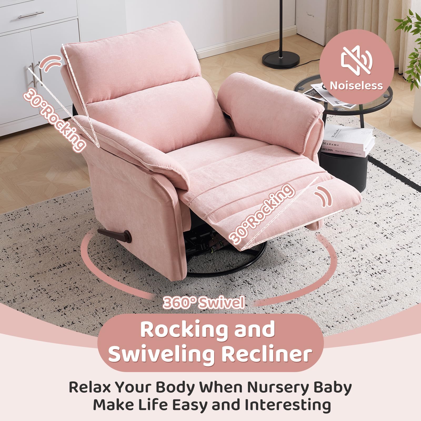 Oversized Rocking Chair Nursery with Massage and Heat, Glider Recliner Nursery Chair with Adjustable Headrest, Power Swivel Rocker Recliner Chair with USB Port, Dark Grey