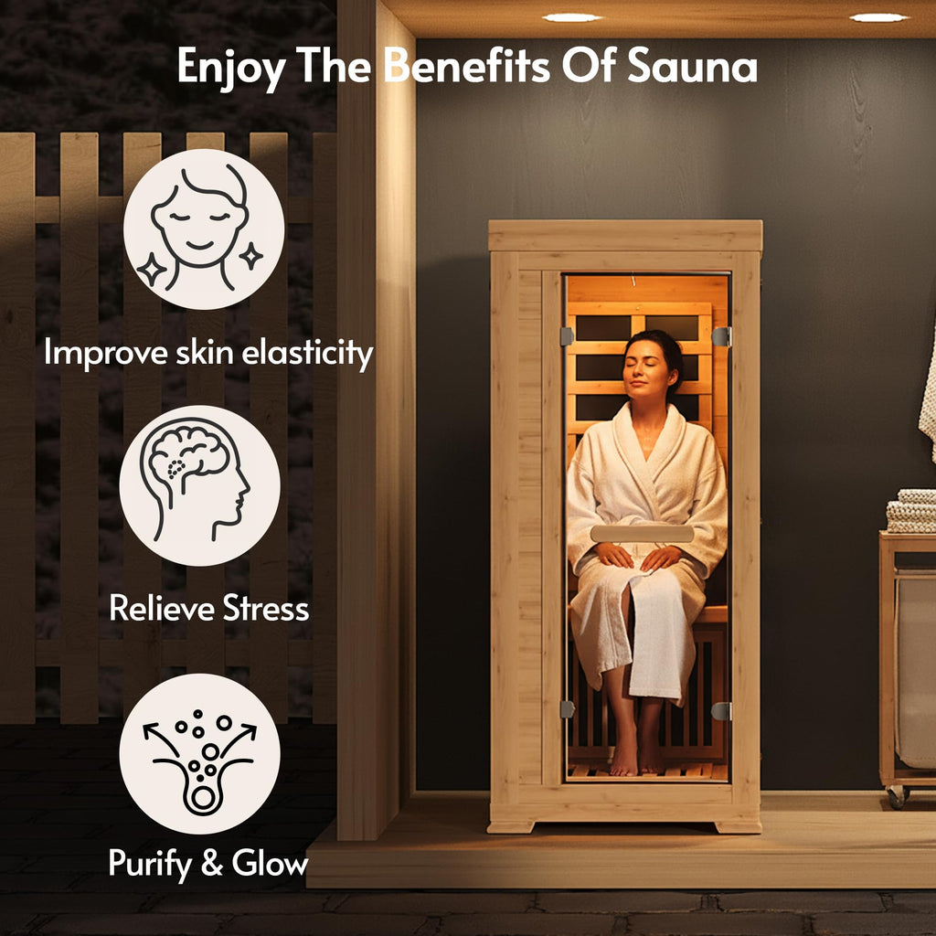 Infrared Sauna at Home 1 Person Mini with 7 Color Full Spectrum, Low EMF 1240W Fast Heating Canadian Hemlock Wood Sauna, Indoor Dry Sauna with Music Speakers for Home, Gym (2.3Lx2.9Wx5.2H Ft)